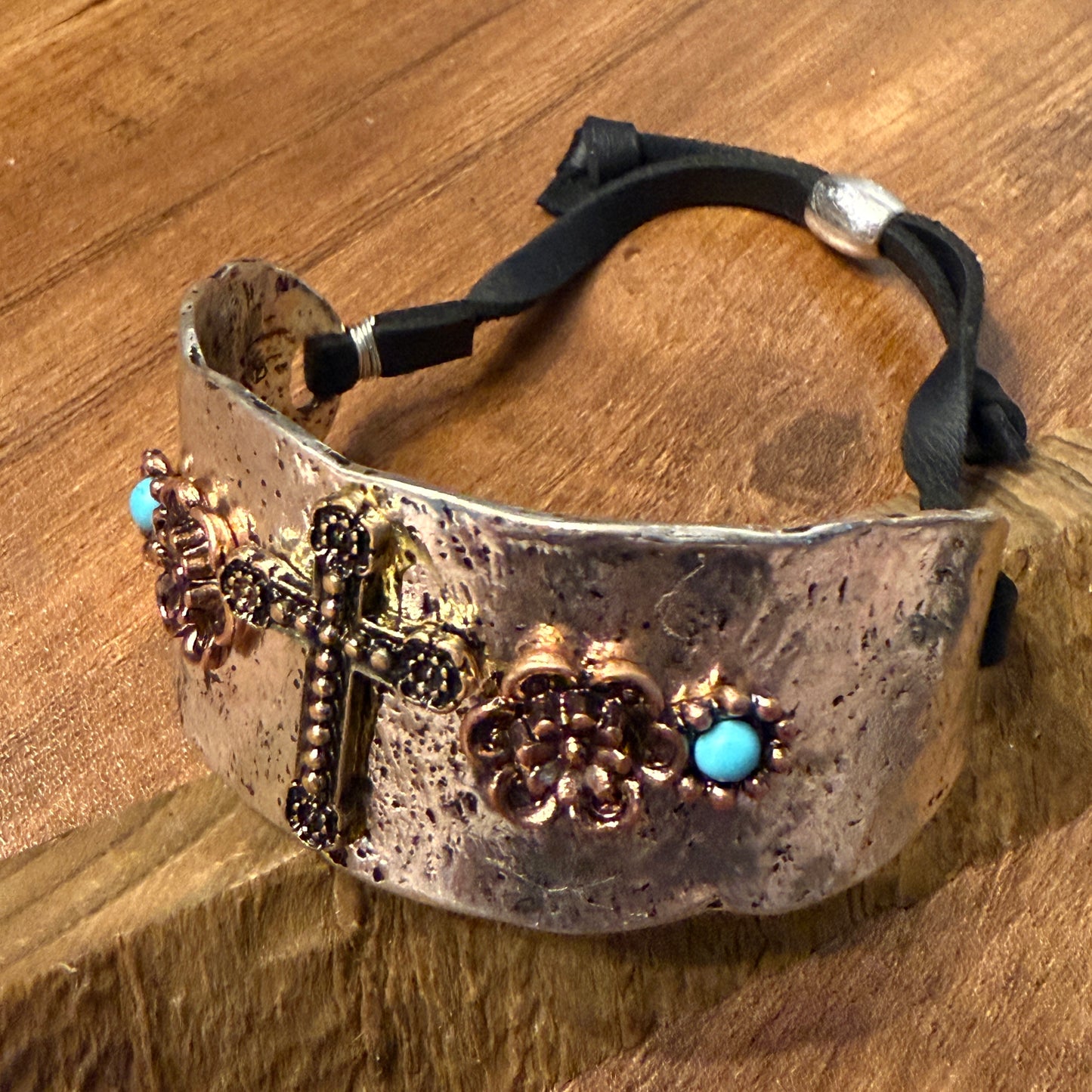 Cross Flower Turquoise Stone Western Bracelet Cuff Silver Adjustable Leather Strap