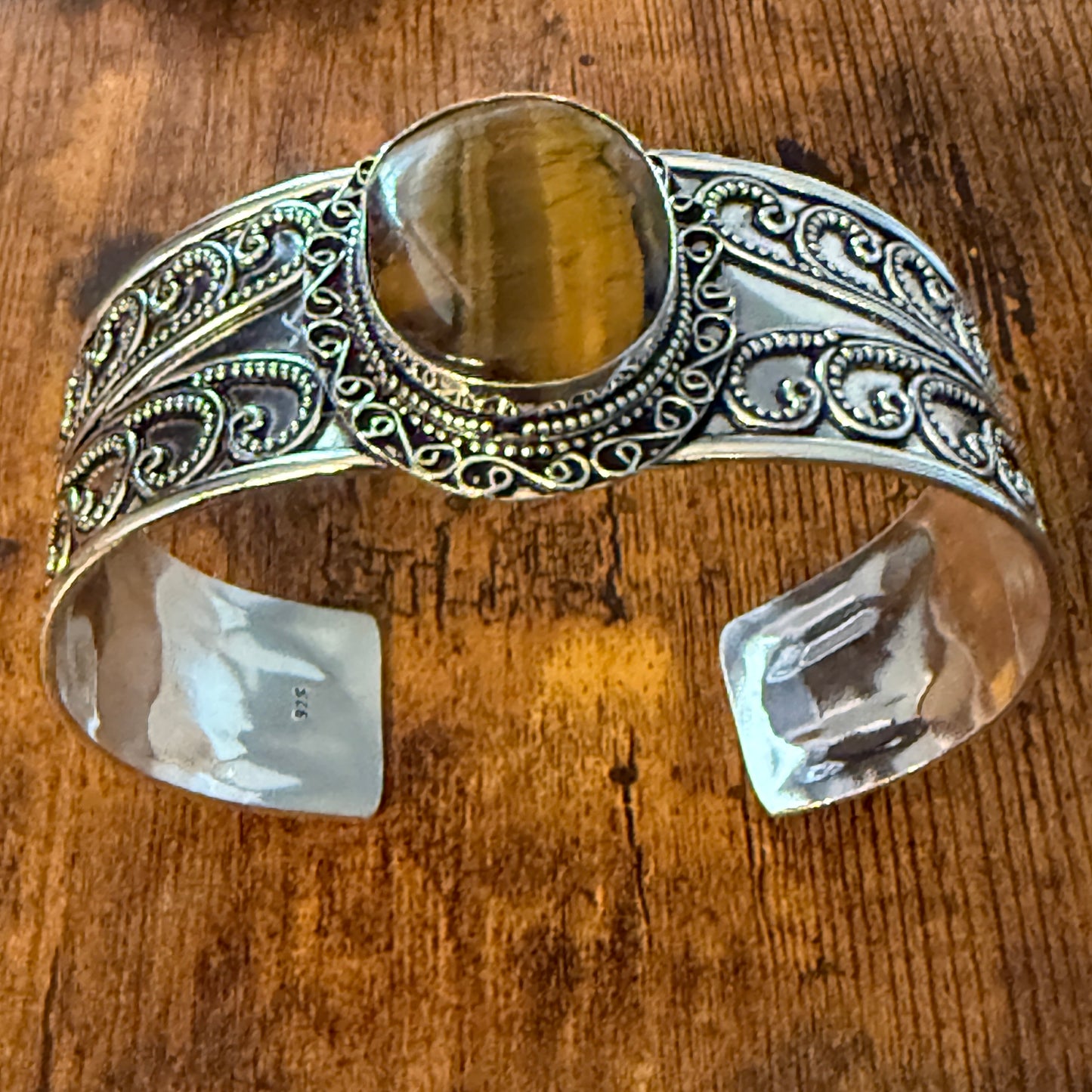 Natural Tiger Eye Gemstone Sterling Silver Cuff Bangle Adjustable