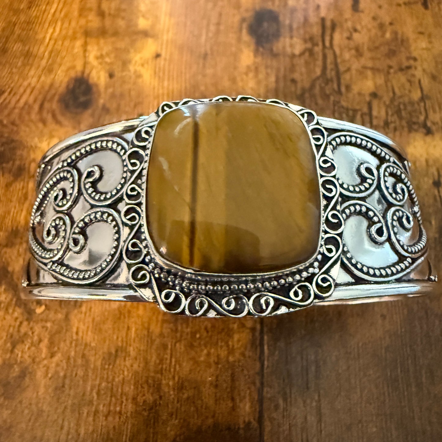 Tiger Eye Natural Gemstone 925 Sterling Silver Cuff Bangle Adjustable