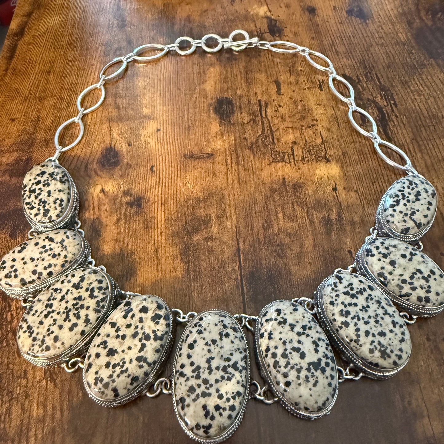 Natural Dalmatian Jasper Vintage Necklace 925 Sterling Silver Chain