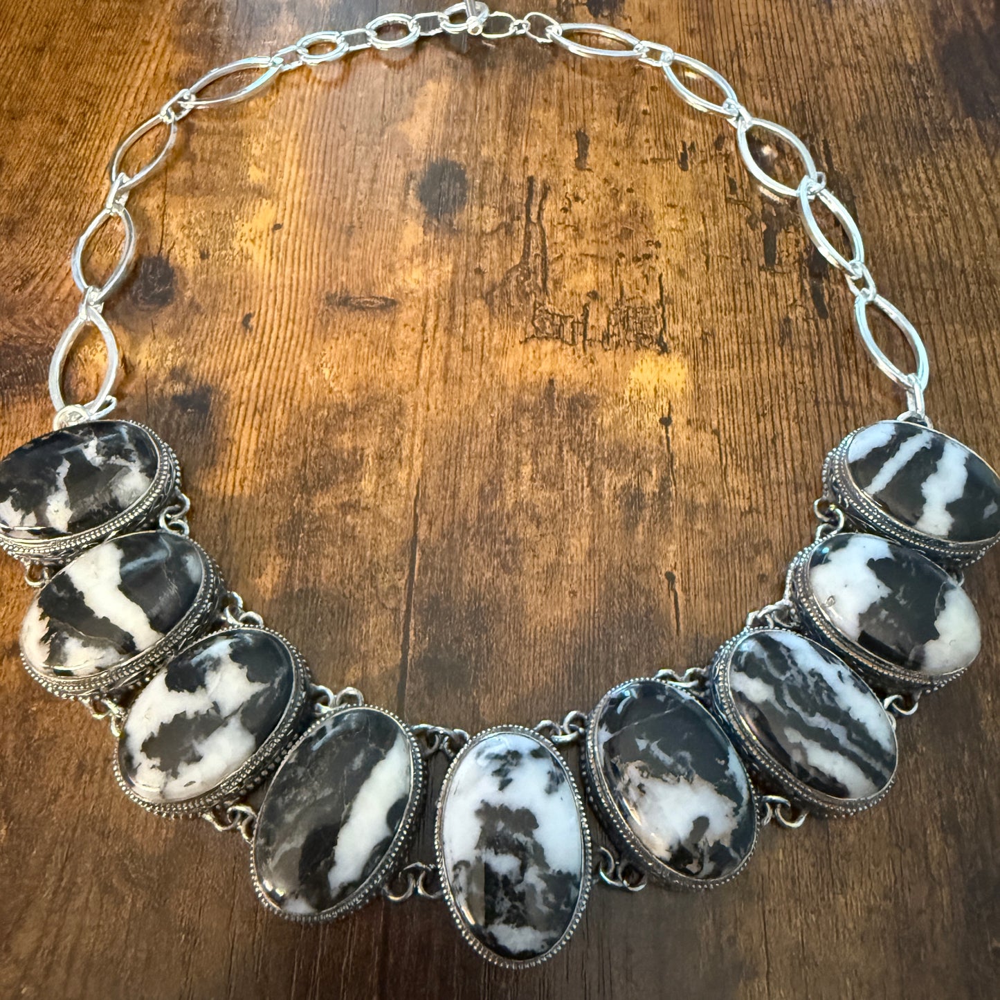Natural White Buffalo Turquoise Sterling Silver Bezel Necklace Handmade 18 Inch