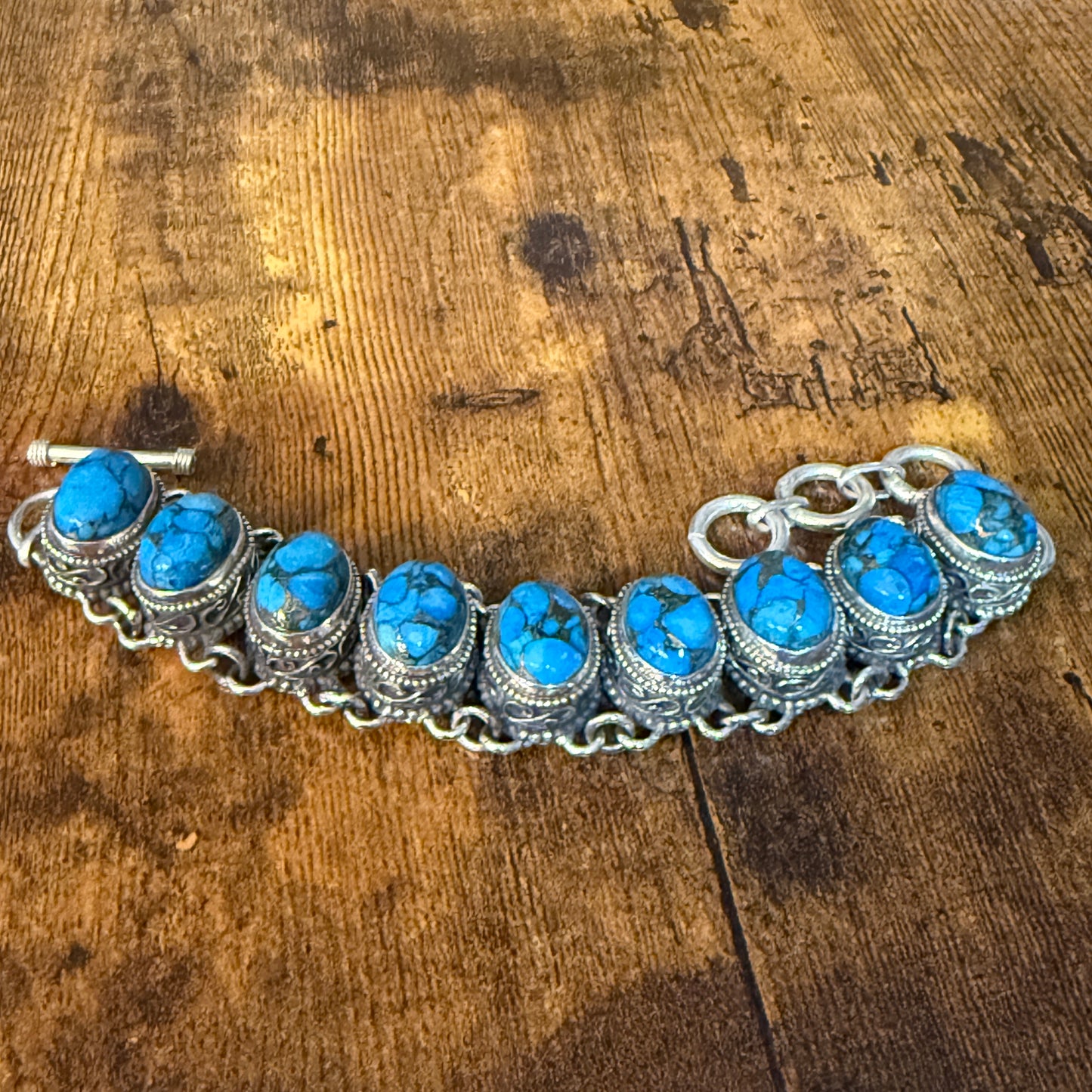 Blue Copper Turquoise Dalhia Gemstone Sterling Silver Vintage Link Bracelet
