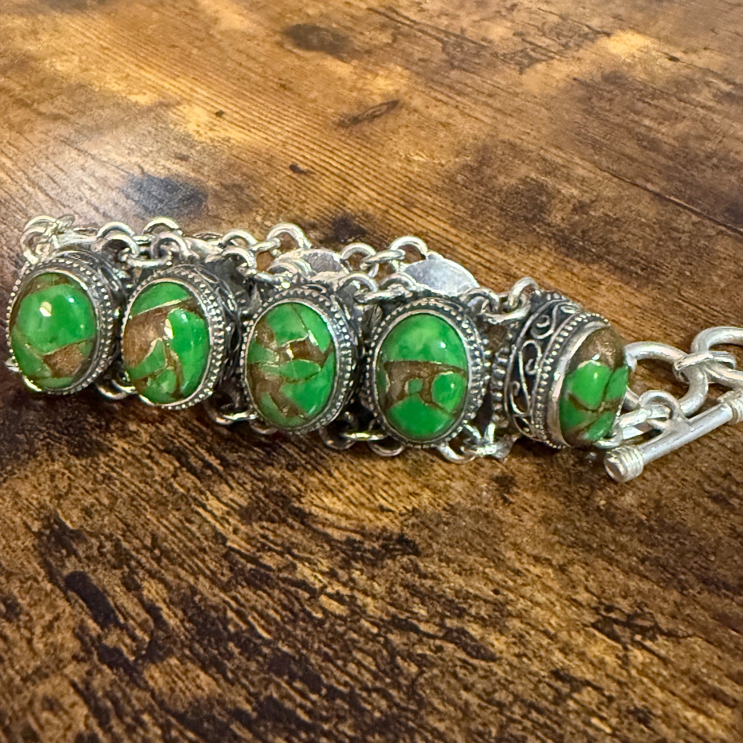 Natural Green Copper Dalhia Turquoise Link 925 Sterling Silver Vintage Bracelet