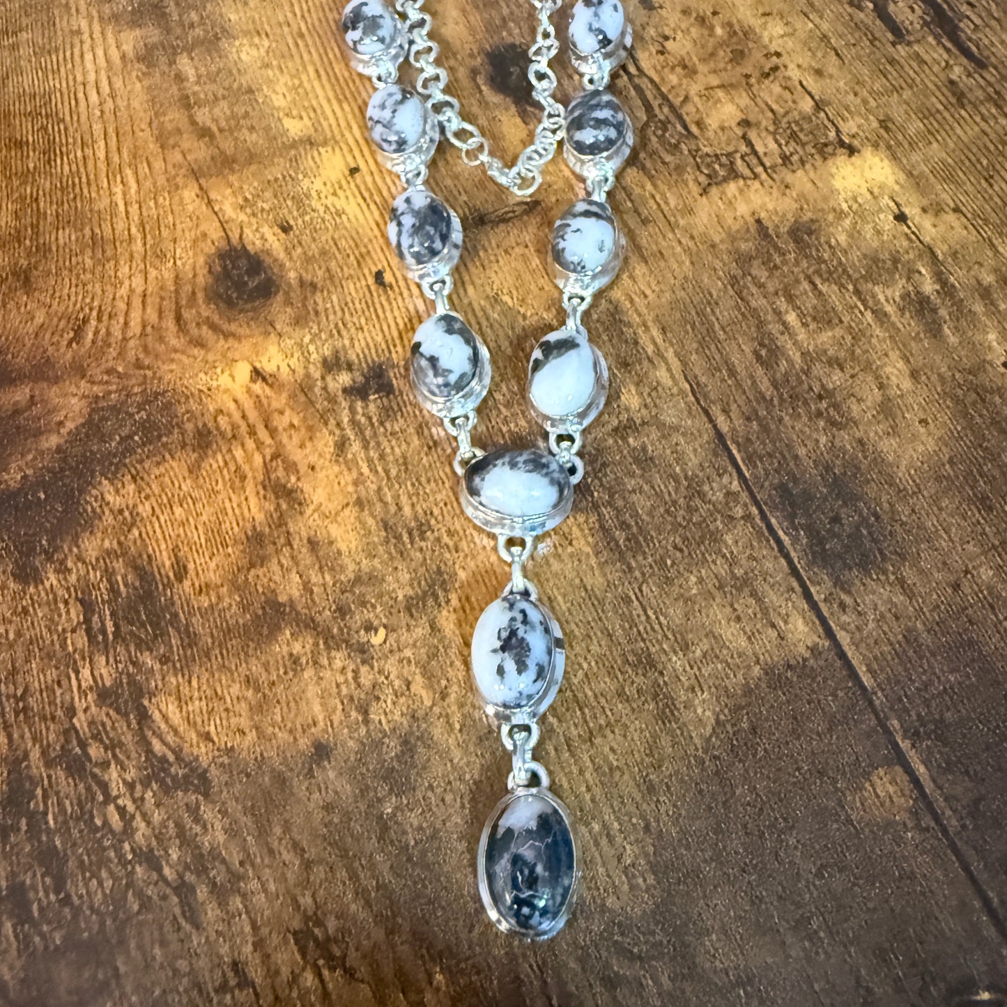 White Buffalo Dalhia Turquoise Stone Y Necklace 925 Sterling Silver Link