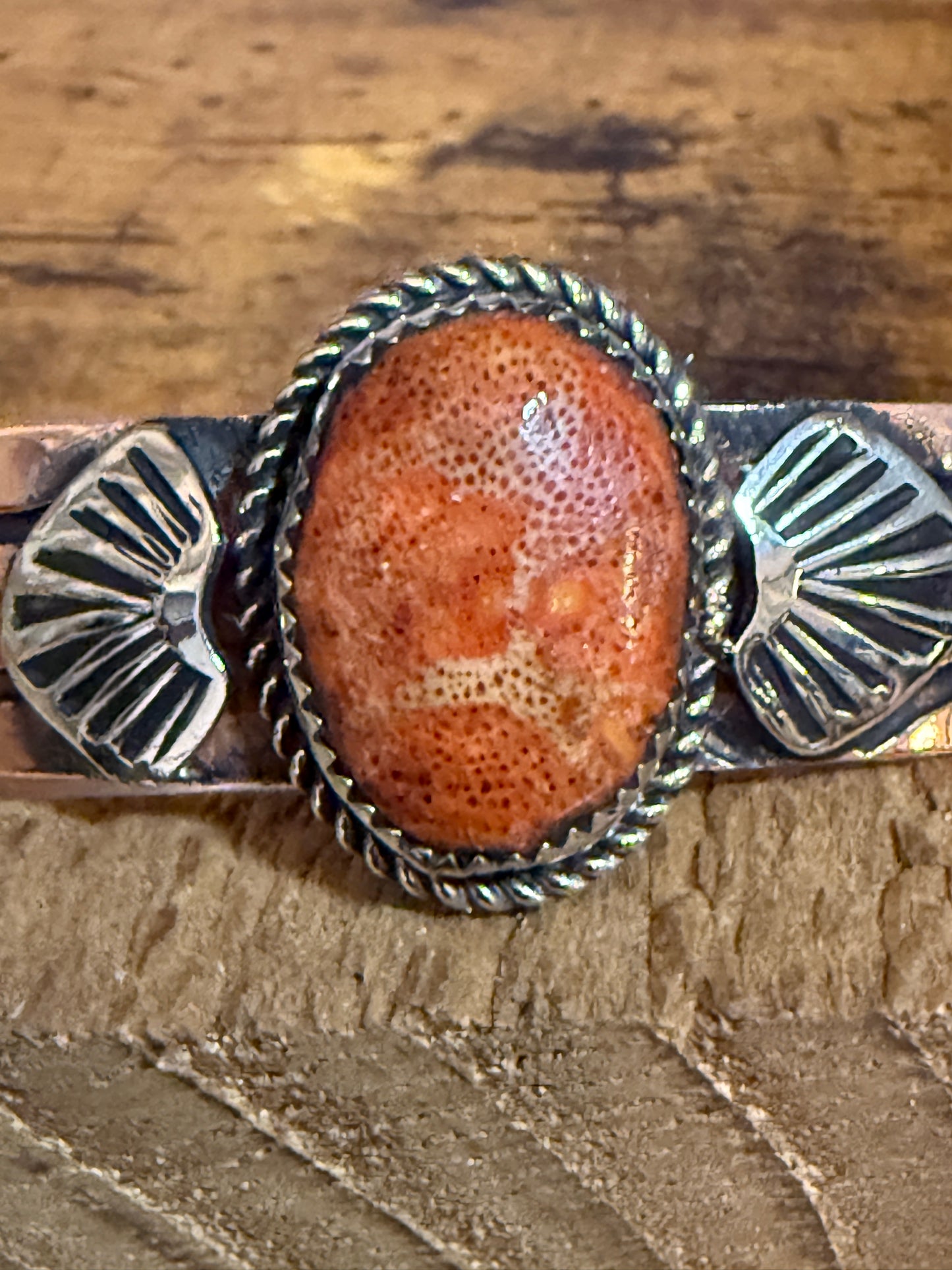Navajo Copper And Apple Coral Cuff Bracelet Signed By Jackie Cleveland