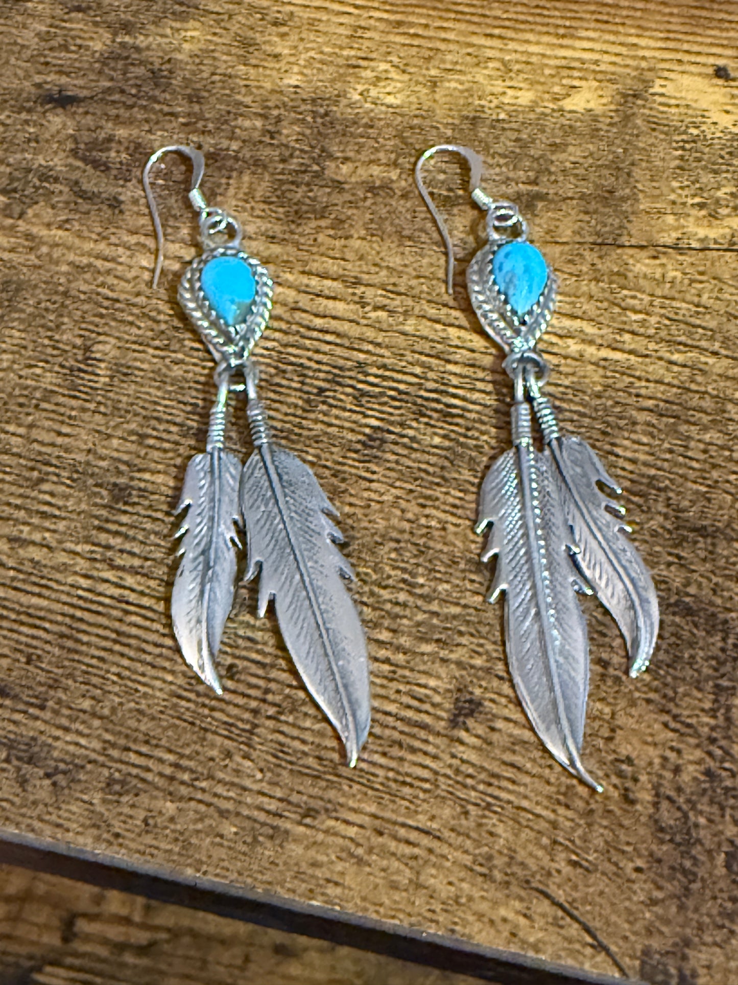 McCarthy Native American Turquoise Sterling Silver Feather Dangle Earrings