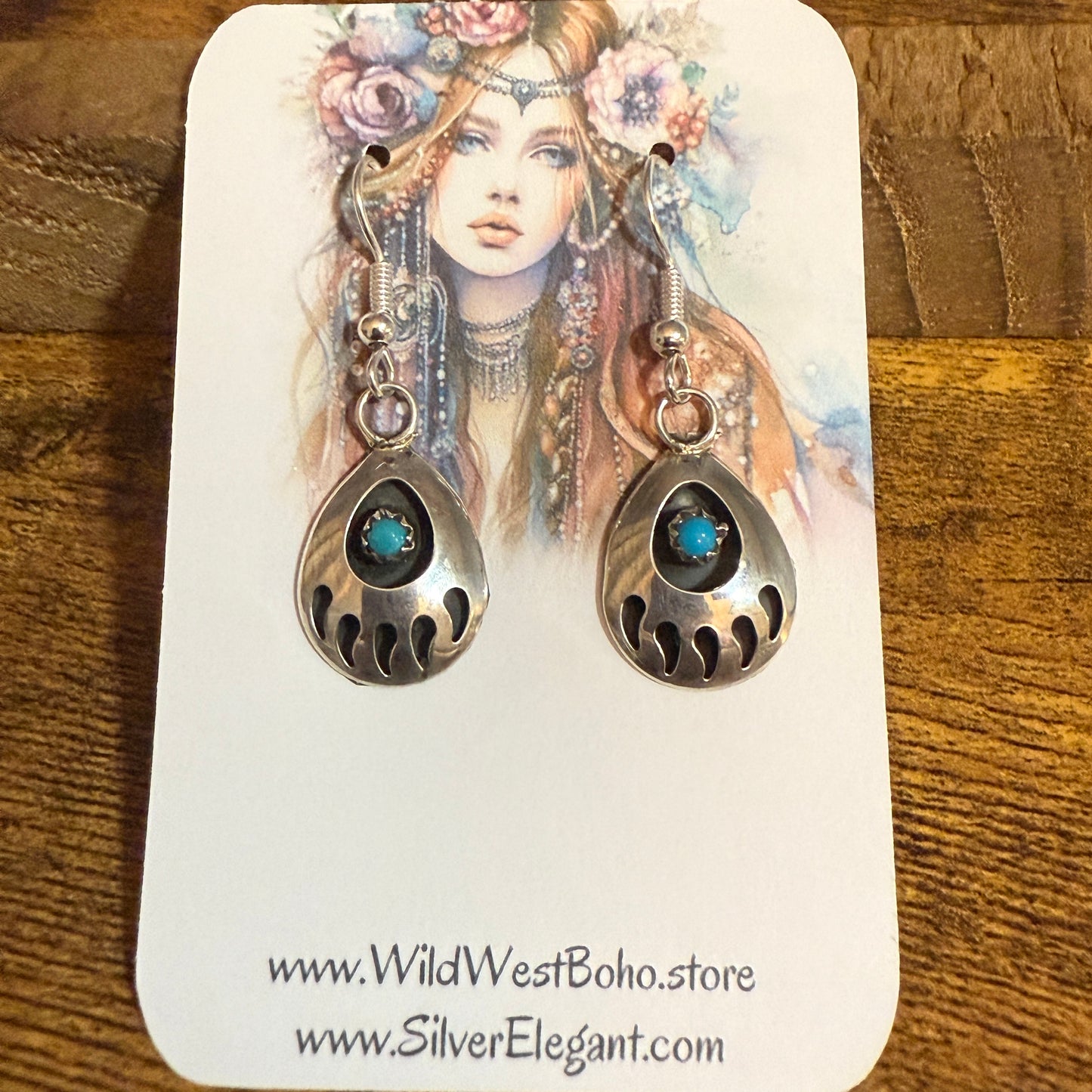 Navajo Sterling Silver Turquoise Bear Paw Dangle Earrings