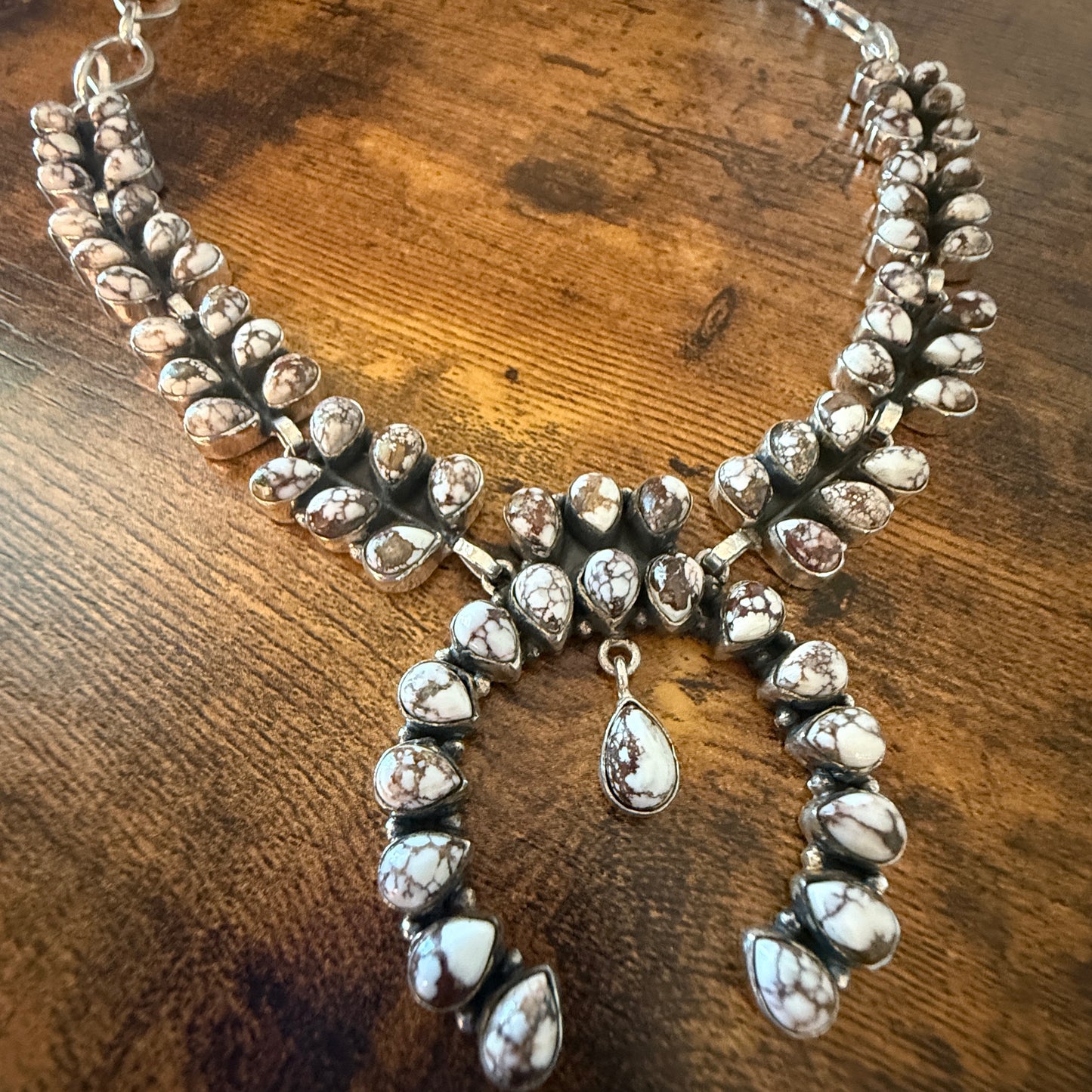 Wild Horse Turquoise Dalhia Gemstone Squash Navajo Necklace Sterling Silver