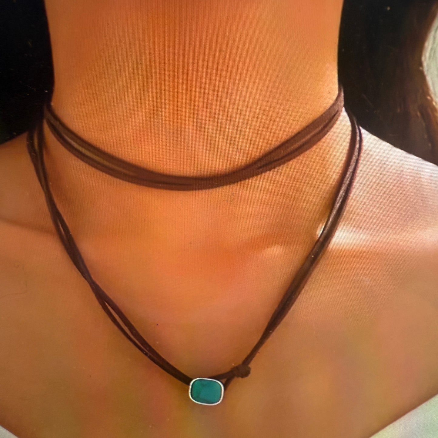 Leather Bohemian Multi Layer Wrap Choker Necklace With Faux Turquoise Stone