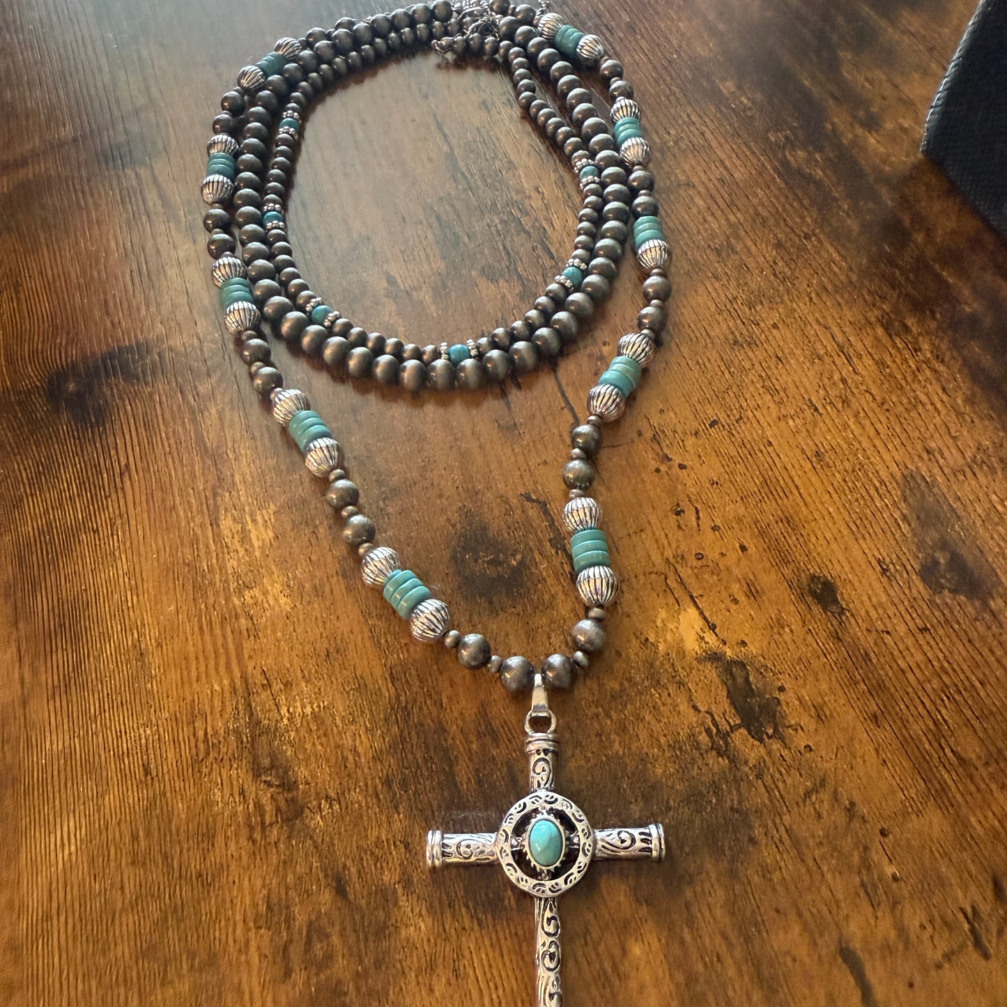 Faux Turquoise Bead Cross Pendant Layered Necklace Set for Women