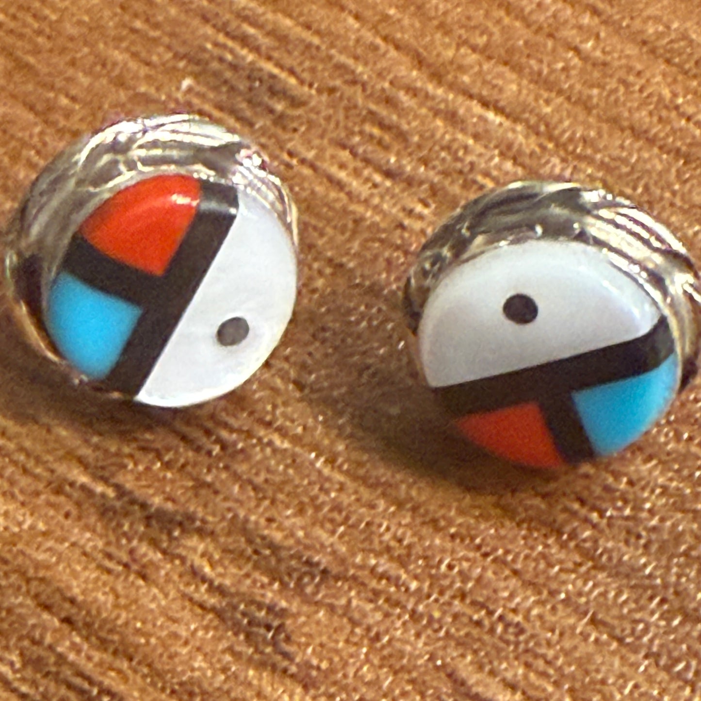 Native American Turquoise Inlay Sunface Sterling Silver Stud Earrings Bowakaty