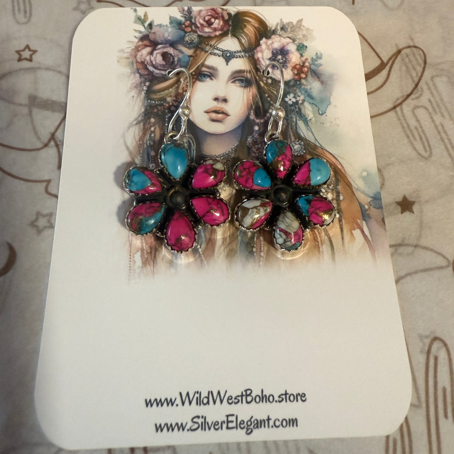 Cotton Candy Turquoise Dahlia Cluster Earrings Handmade 925 Sterling Silver