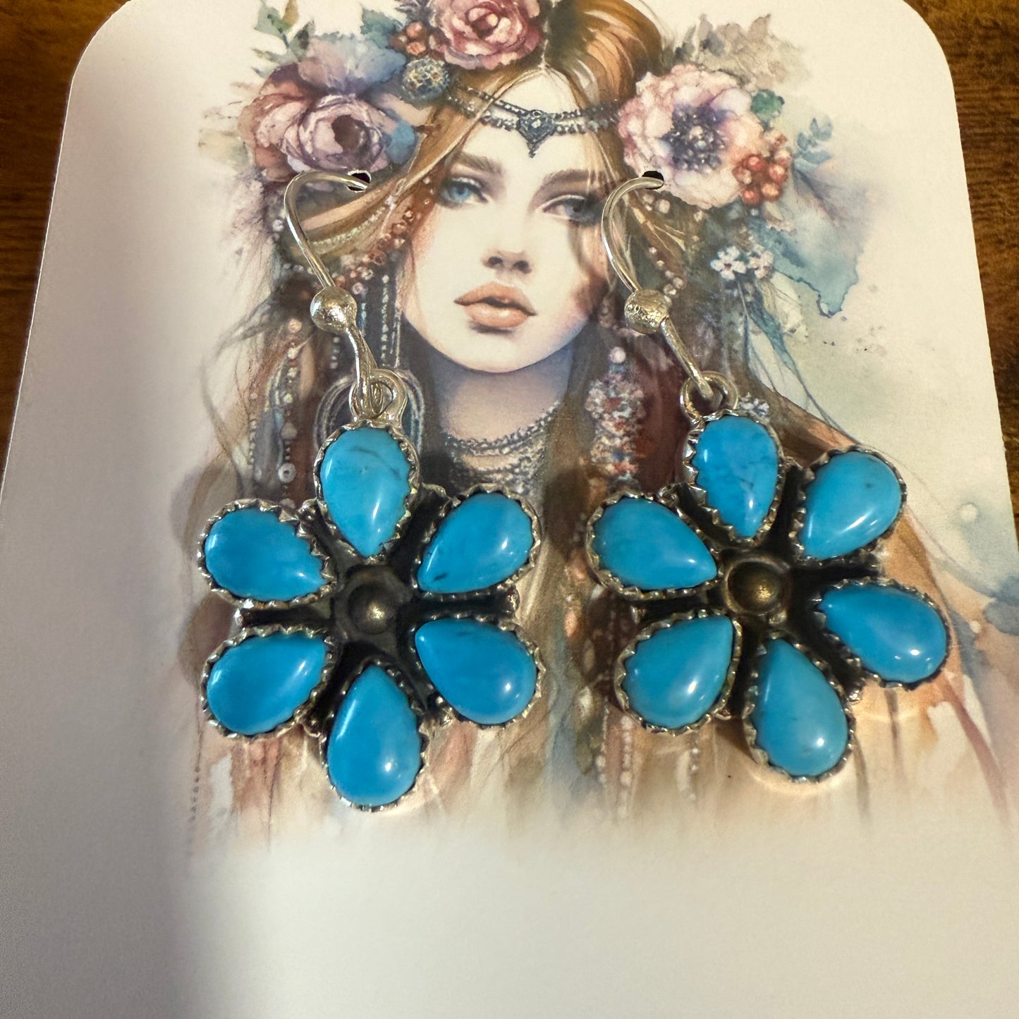 Sleeping Beauty Turquoise Dahlia Cluster Wire Earrings In 925 Sterling Silver