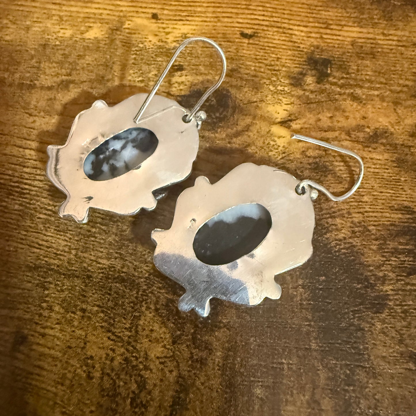 White Buffalo turquoise dahlia earrings with sterling silver drop hooks.