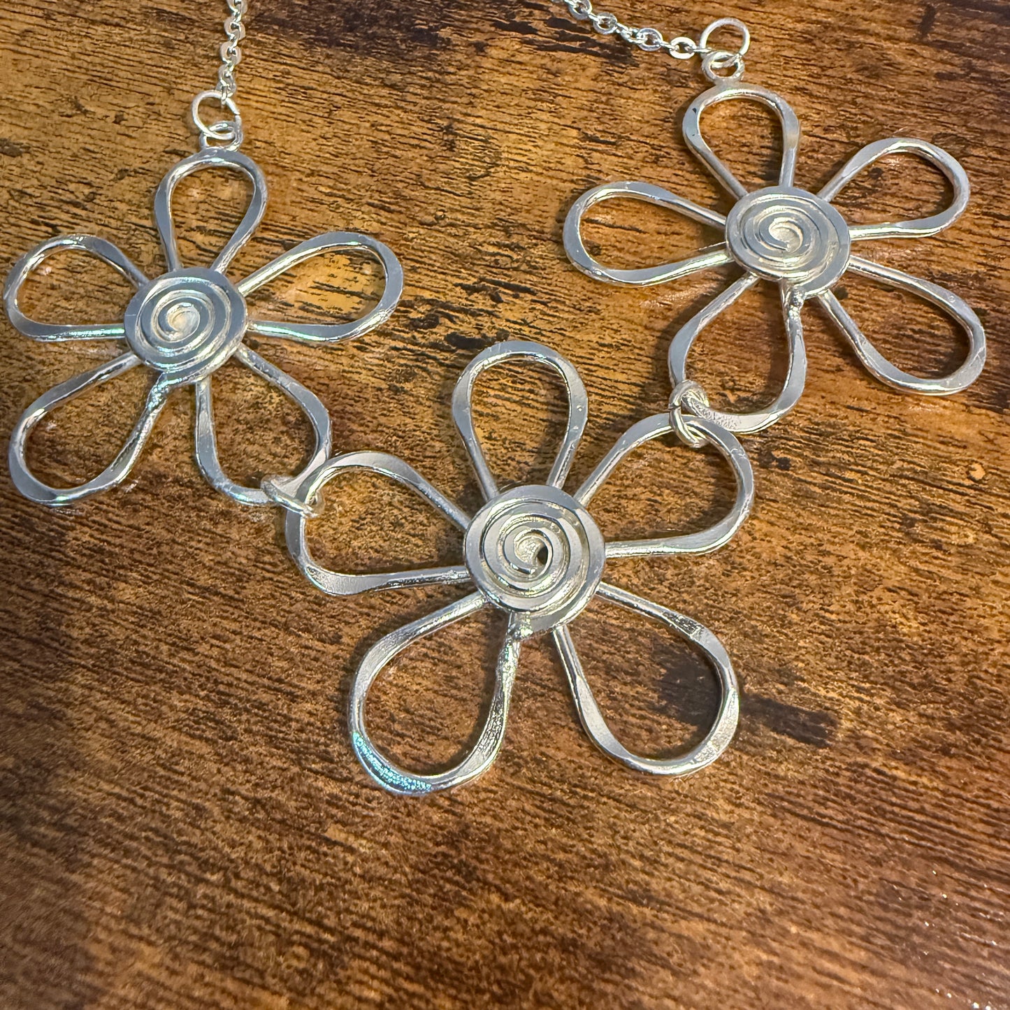 Handmade Sterling Silver Plated Necklace With Spiral Center Flowers