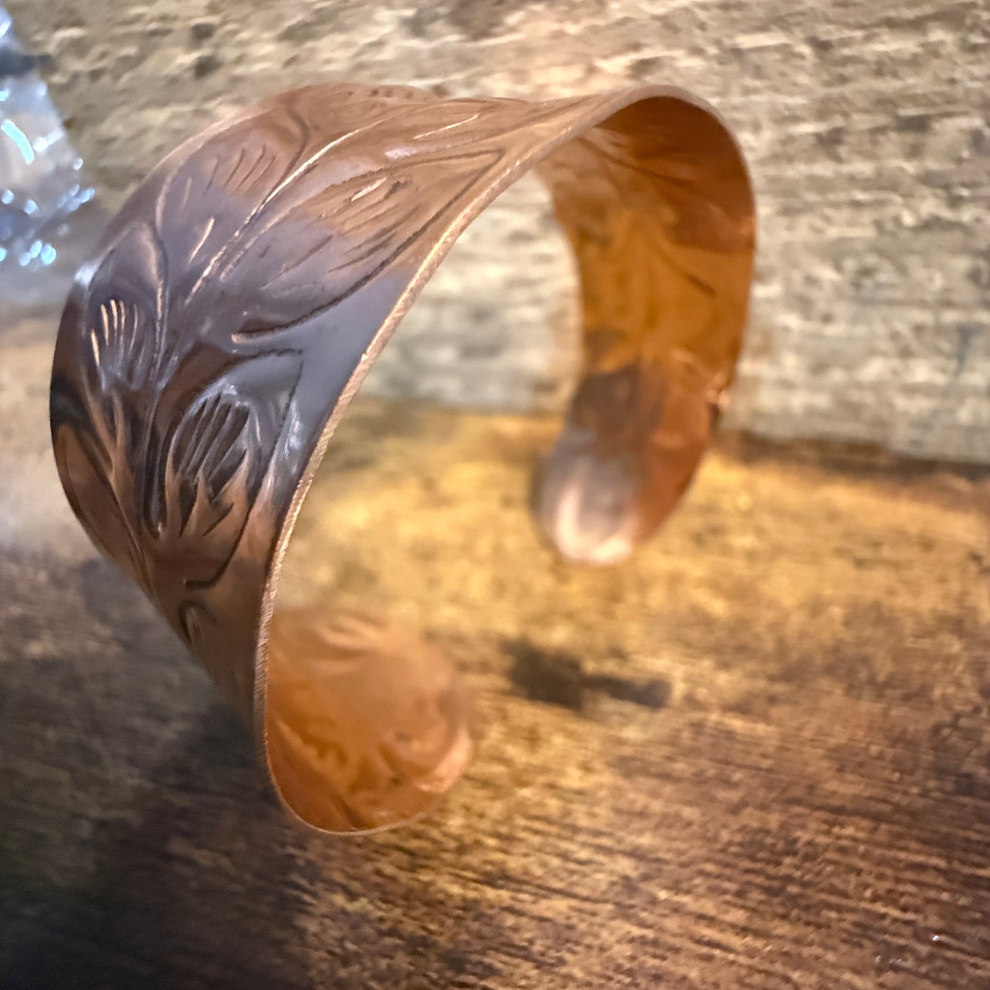 Handcrafted Copper Leaf Trail Cuff With Etched Leaf Design