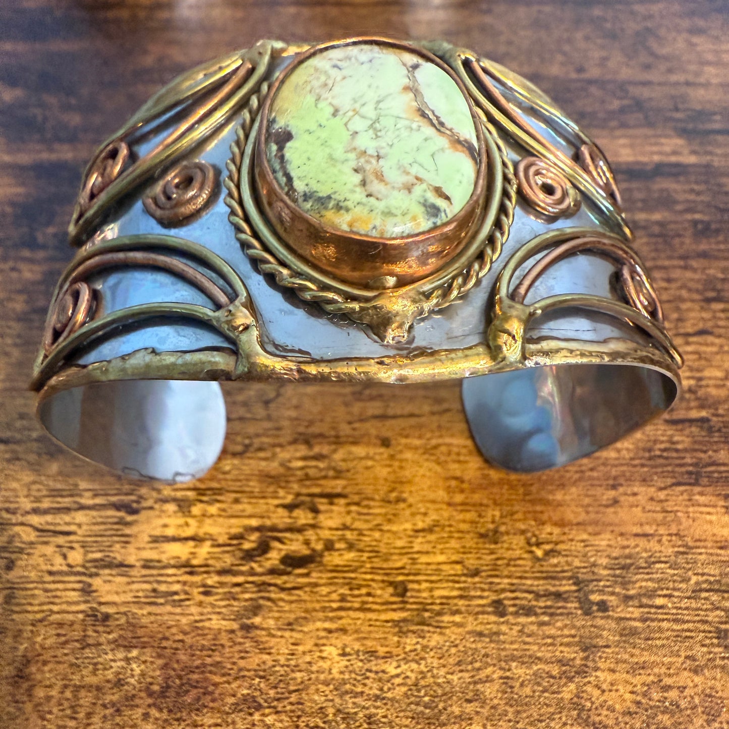 Lemon Chrysoprase Natural Stone Wide Cuff Bracelet In Mixed Metals