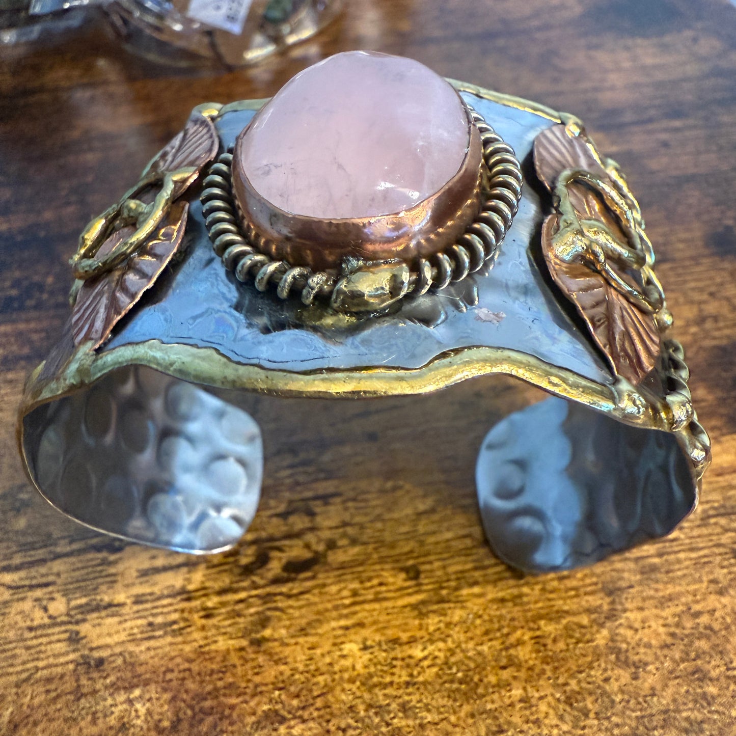 Rose Quartz Natural Gemstone Wide Cuff Bracelet Mixed Metals