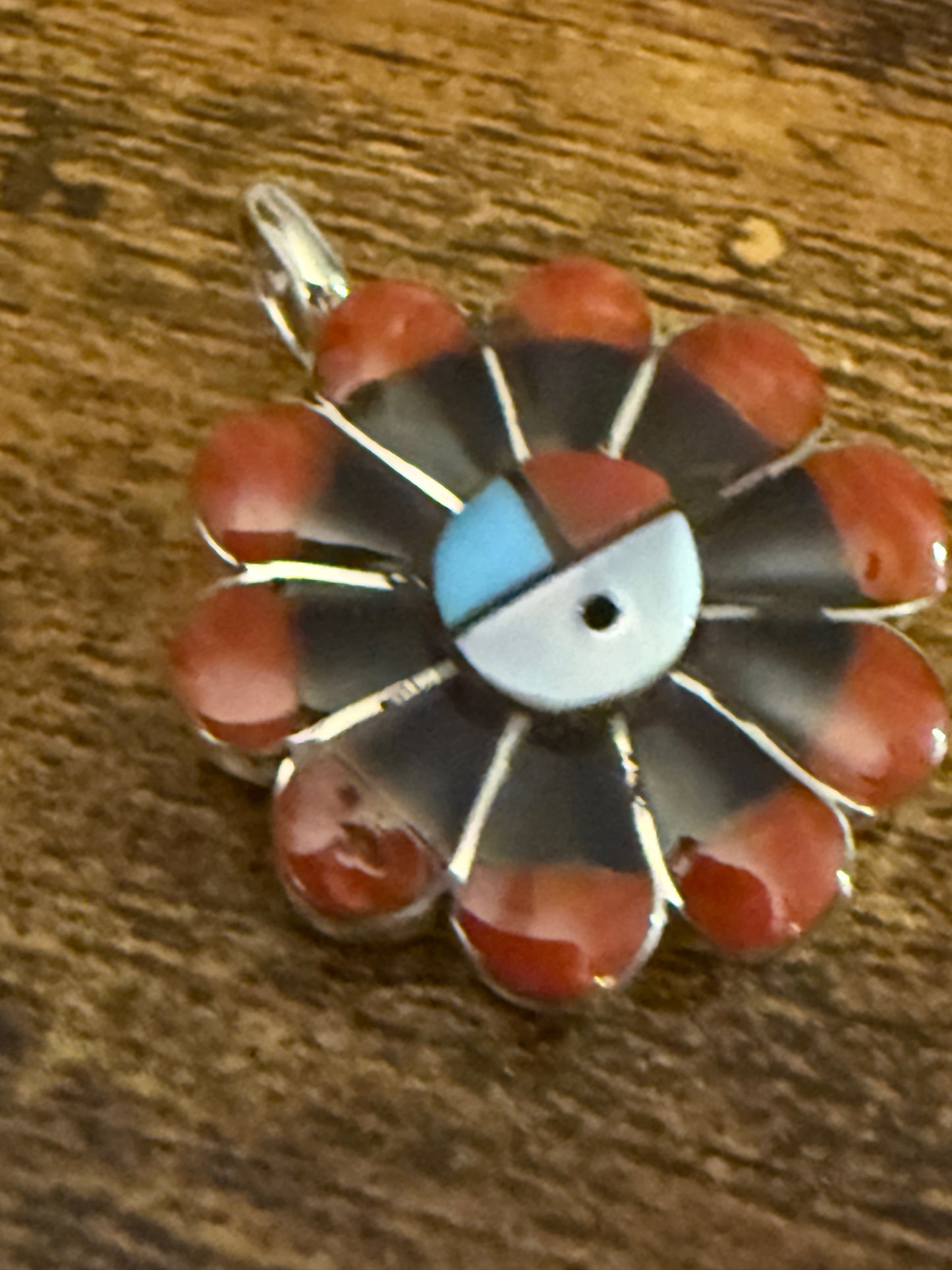RV Zuni Native American Coral Inlay Sunface Pendant Sterling Silver