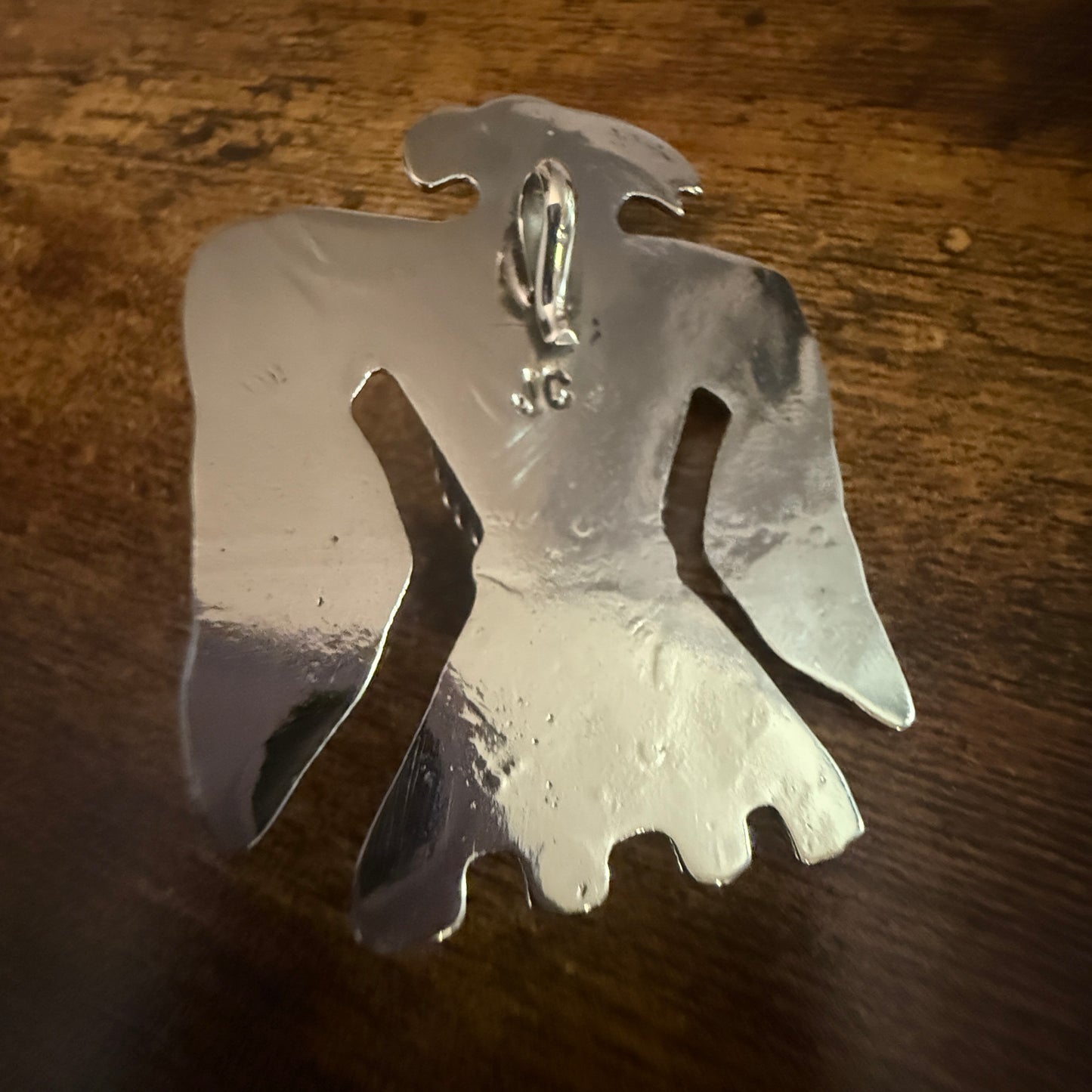 Navajo Coral Gemstone Thunderbird Pendant In Nickel Silver Signed By Cleveland