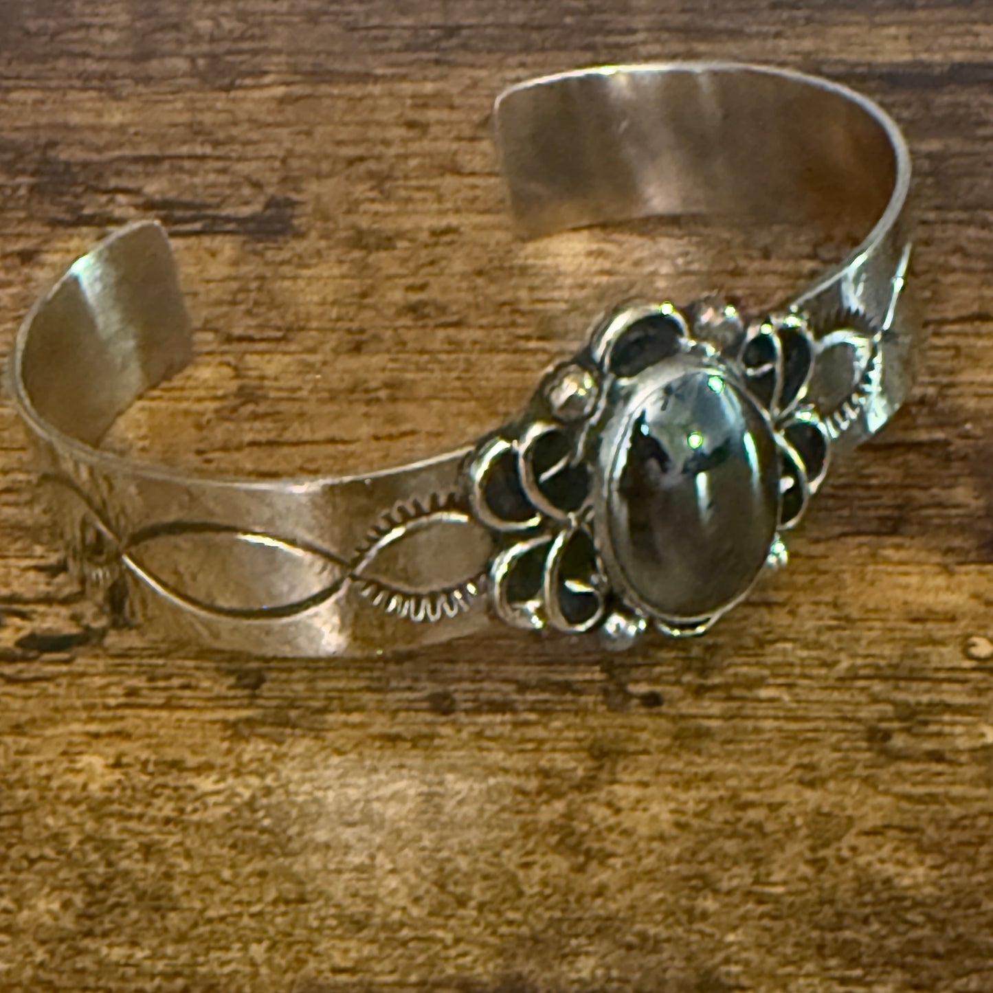 Navajo Indian Black Onyx Cuff Bracelet Signed by Cleveland Nickel Silver