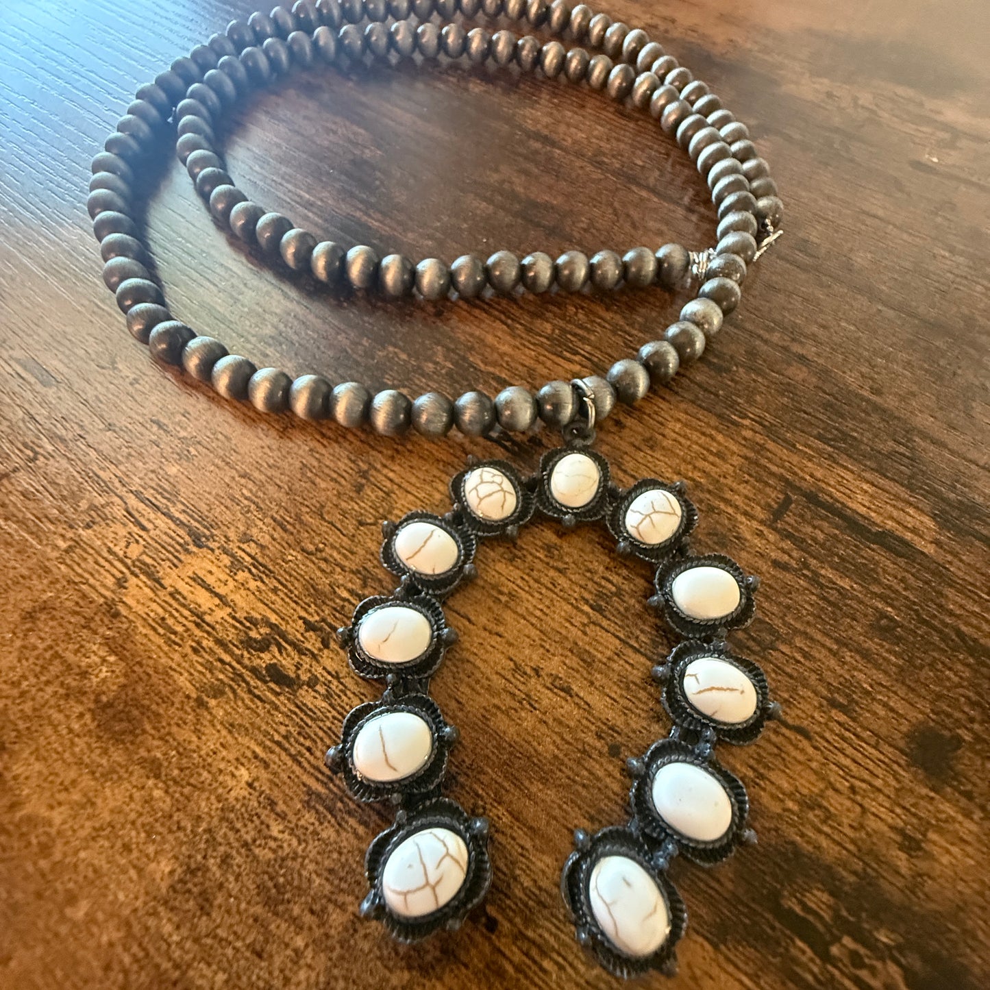 Silver Navajo Pearl Necklace With White Stone Squash Blossom Pendant, 32 inch