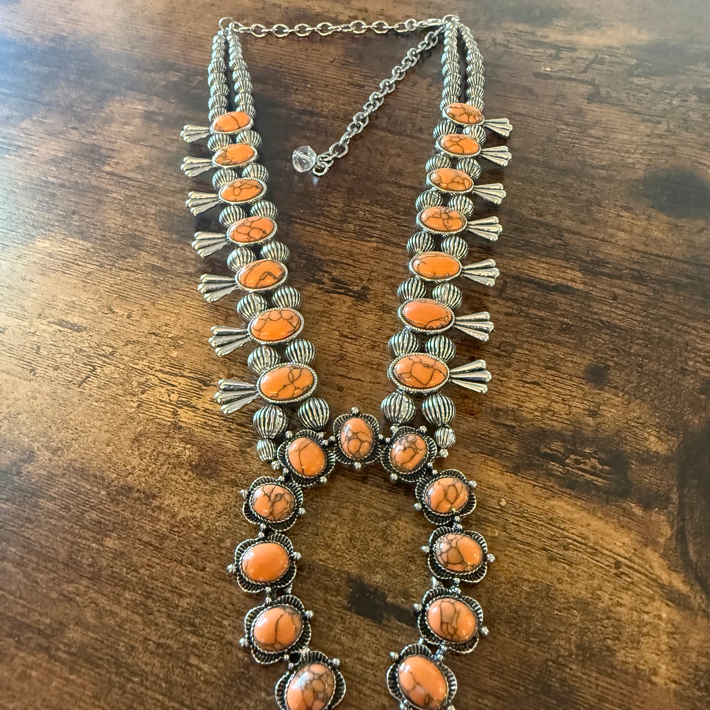 Orange Stone Squash Blossom Necklace, Faux Silver Pearl Beads