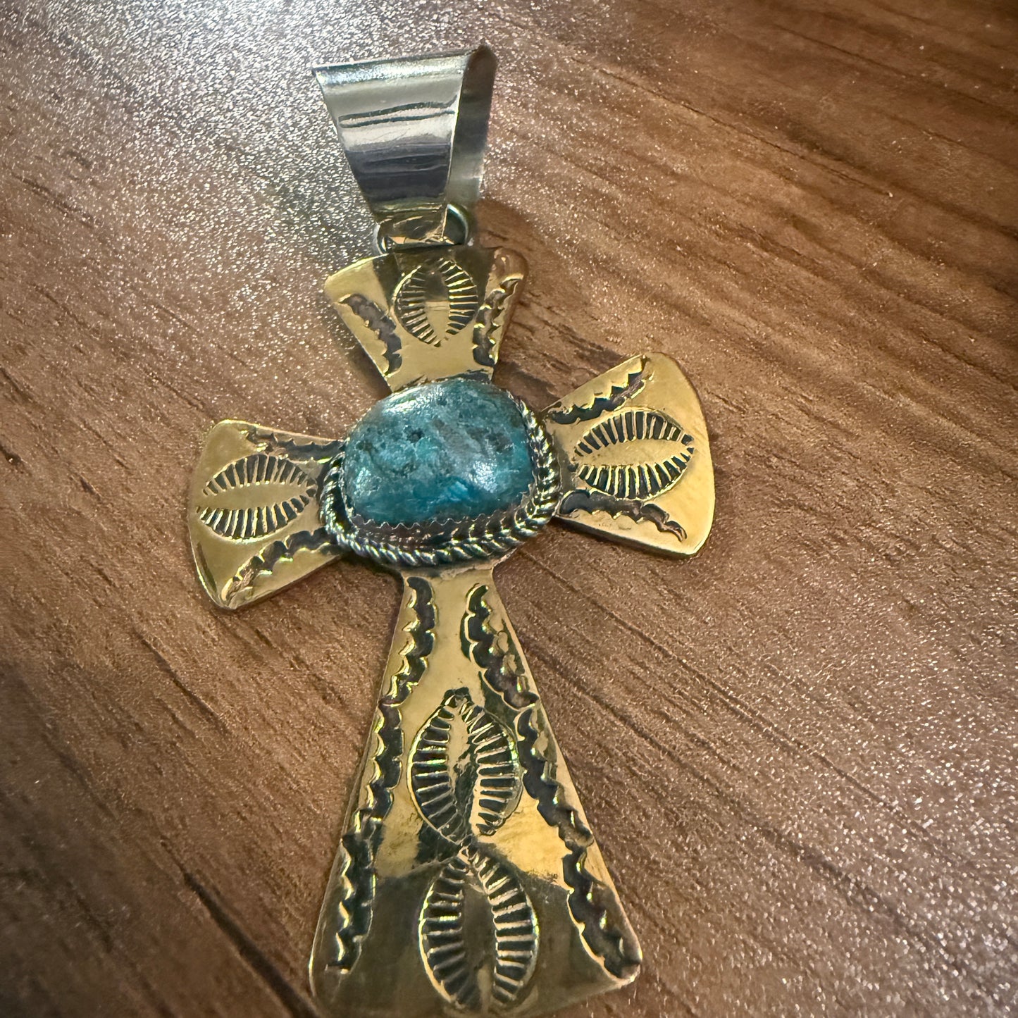 Native American Brass and Kingman Turquoise Cross Pendant Signed by Cleveland
