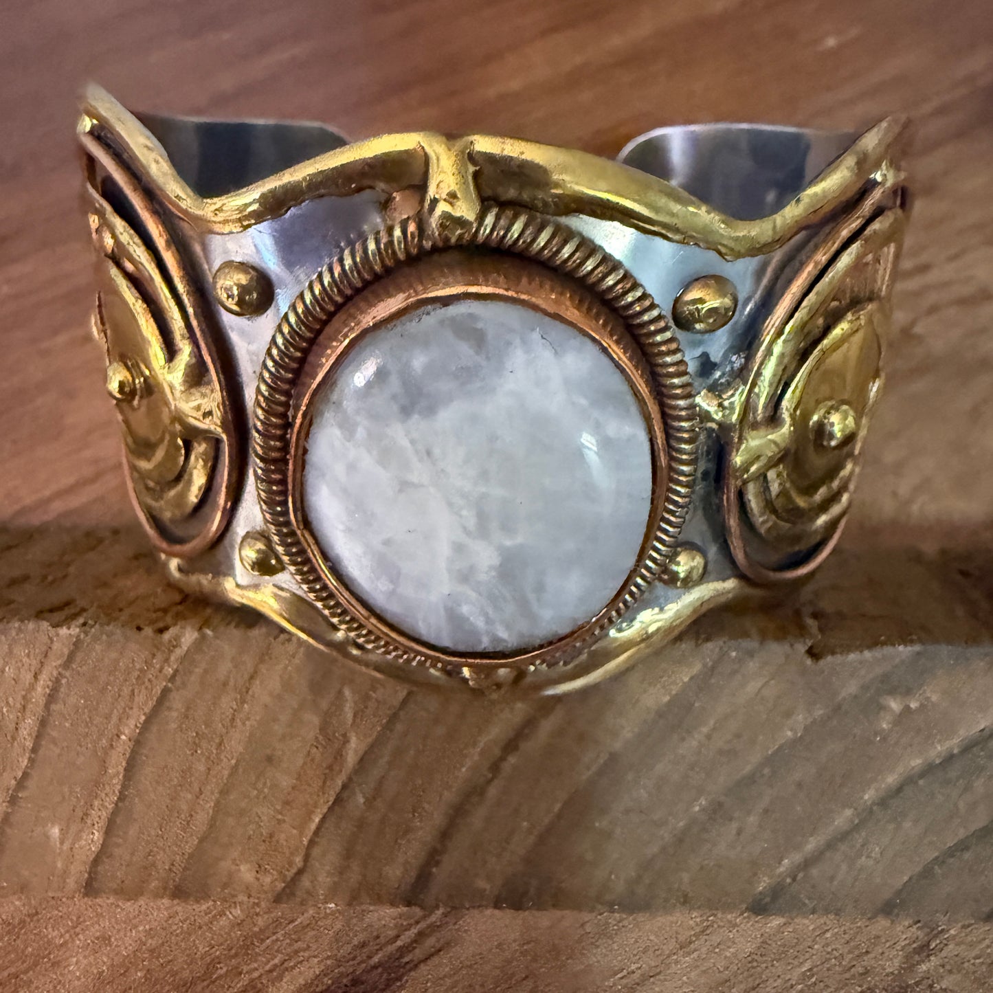 White Moonstone Wide Cuff Bracelet With Mixed Metals
