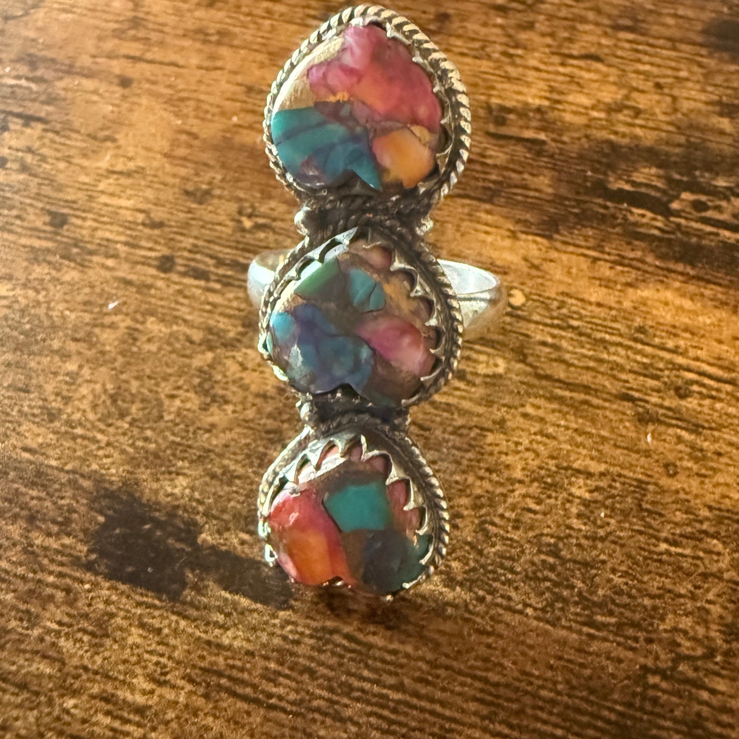 Pink Copper Turquoise Gemstone Cuff Ring In Sterling Silver Handmade Size 10