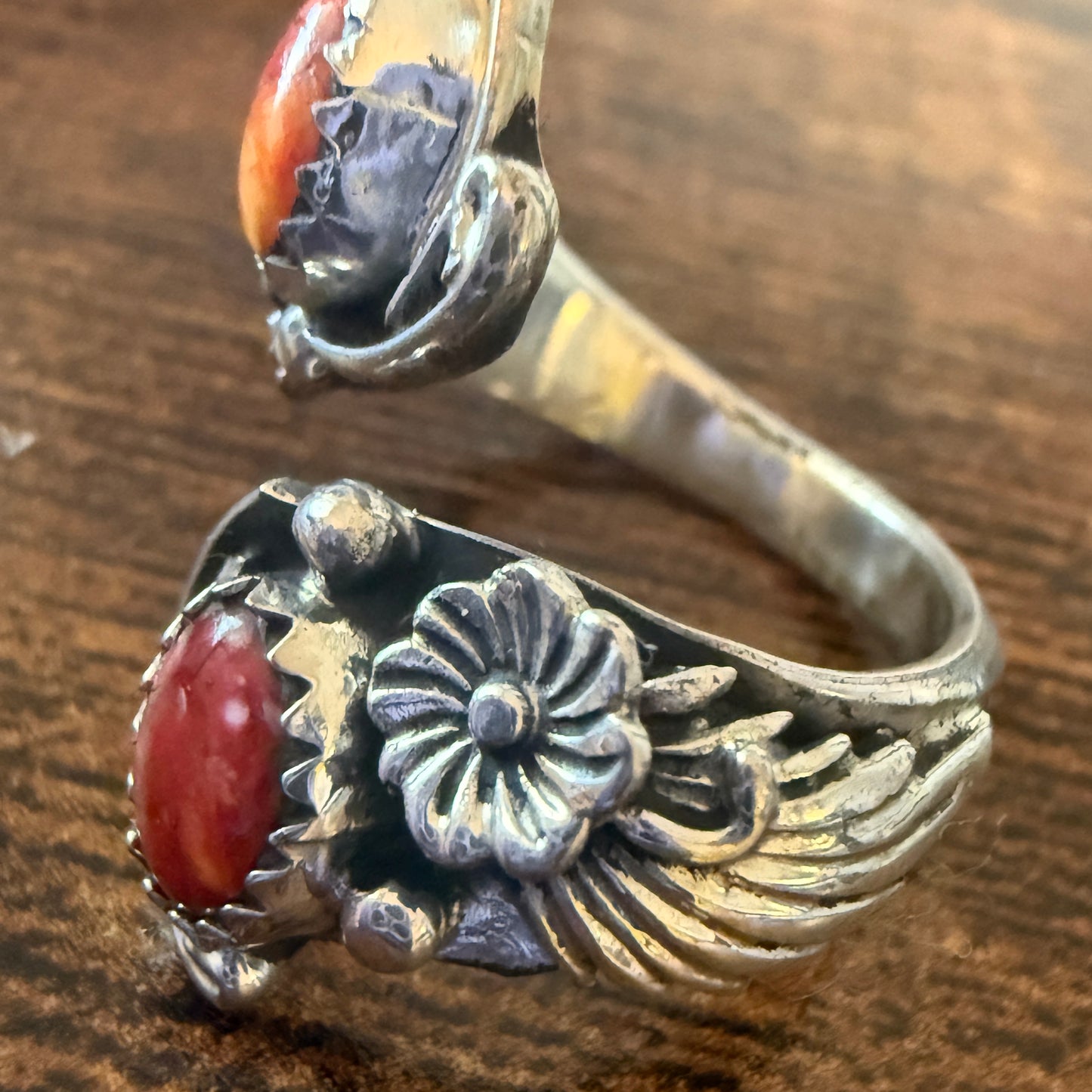 Native American Coral Spiny Oyster Sterling Silver Adjustable Ring By Belin
