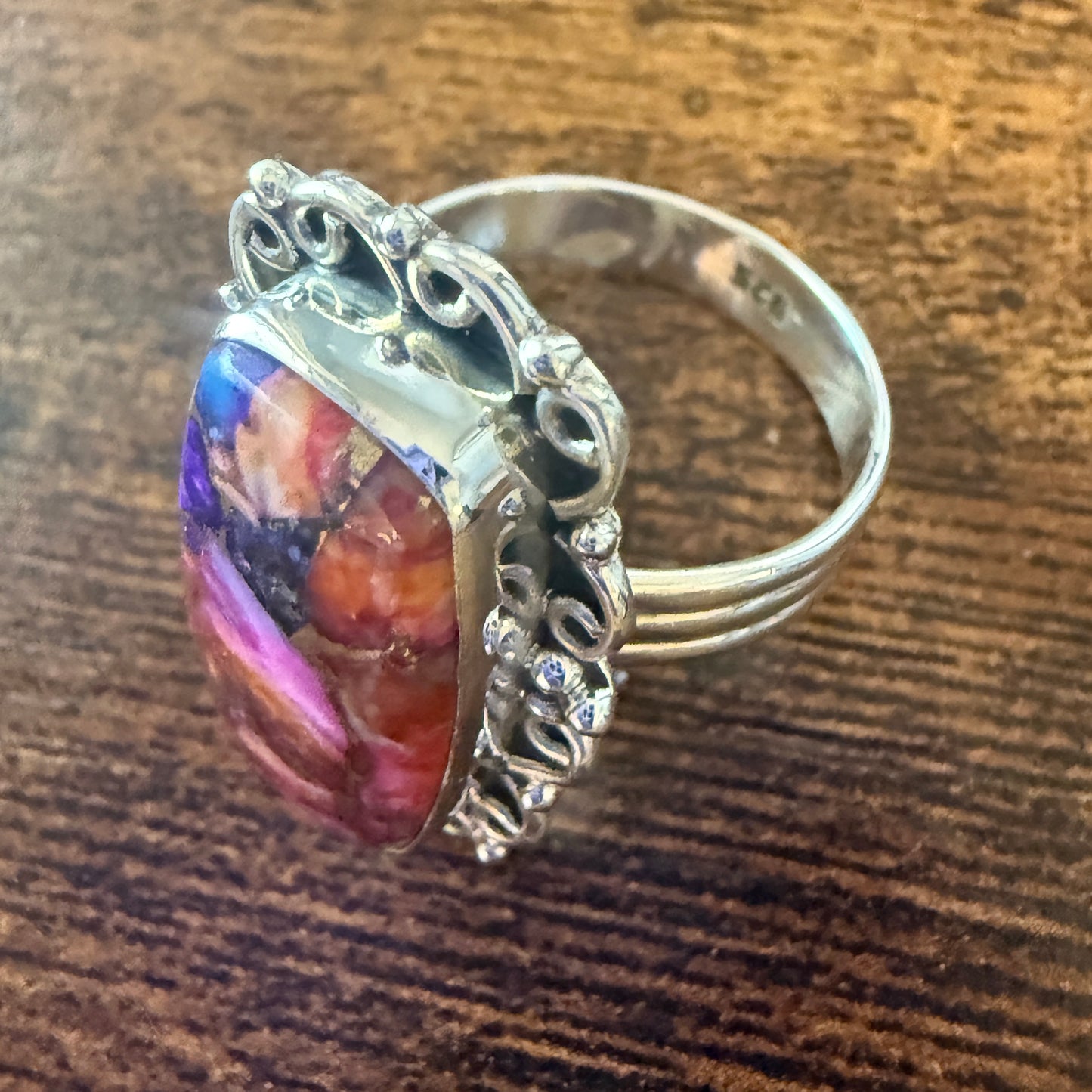 Spiny Turquoise Ring With Pink Oyster Copper And 925 Sterling Silver Size 6