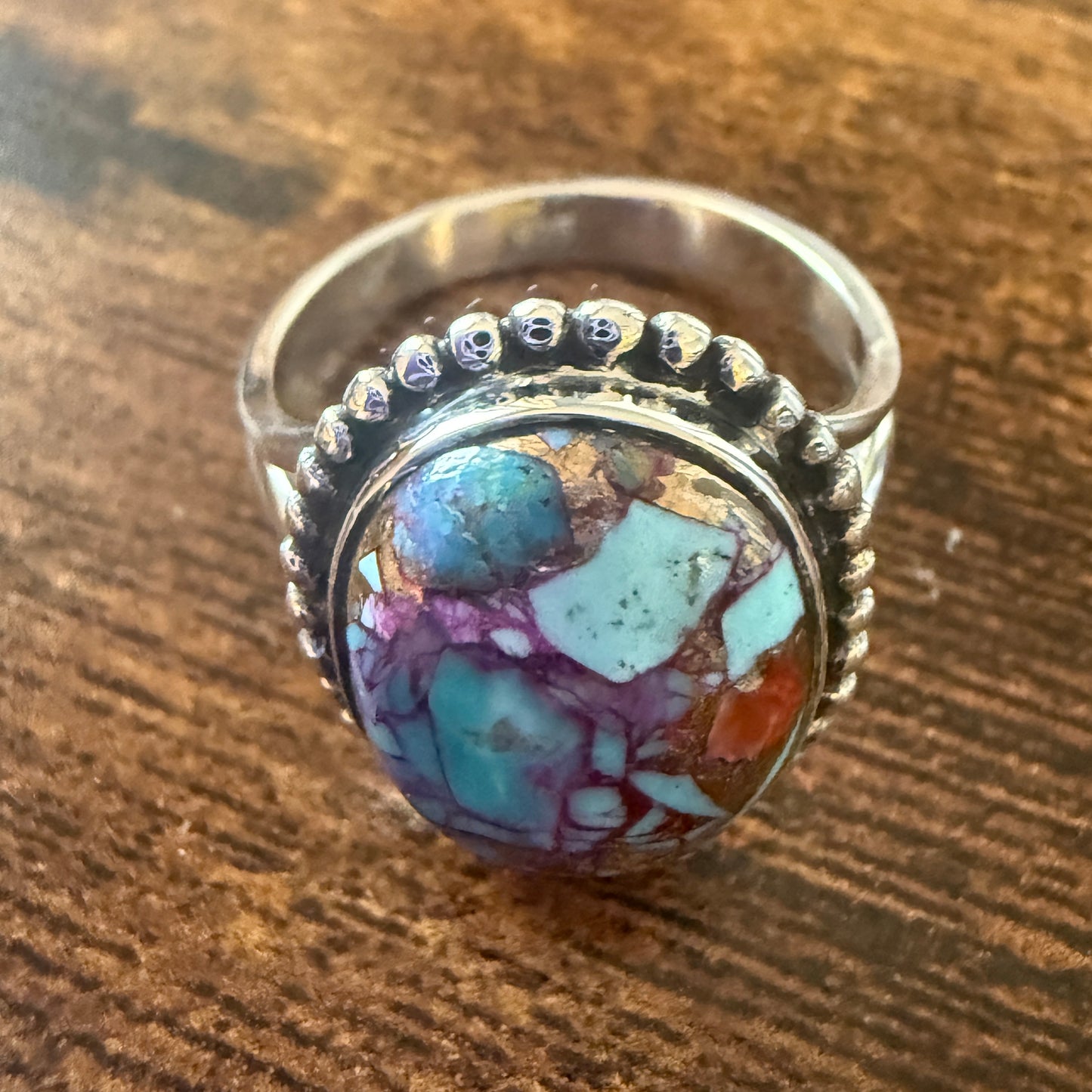 Kingman Purple Dahlia Turquoise 925 Sterling Silver Handmade Ring, Size 10