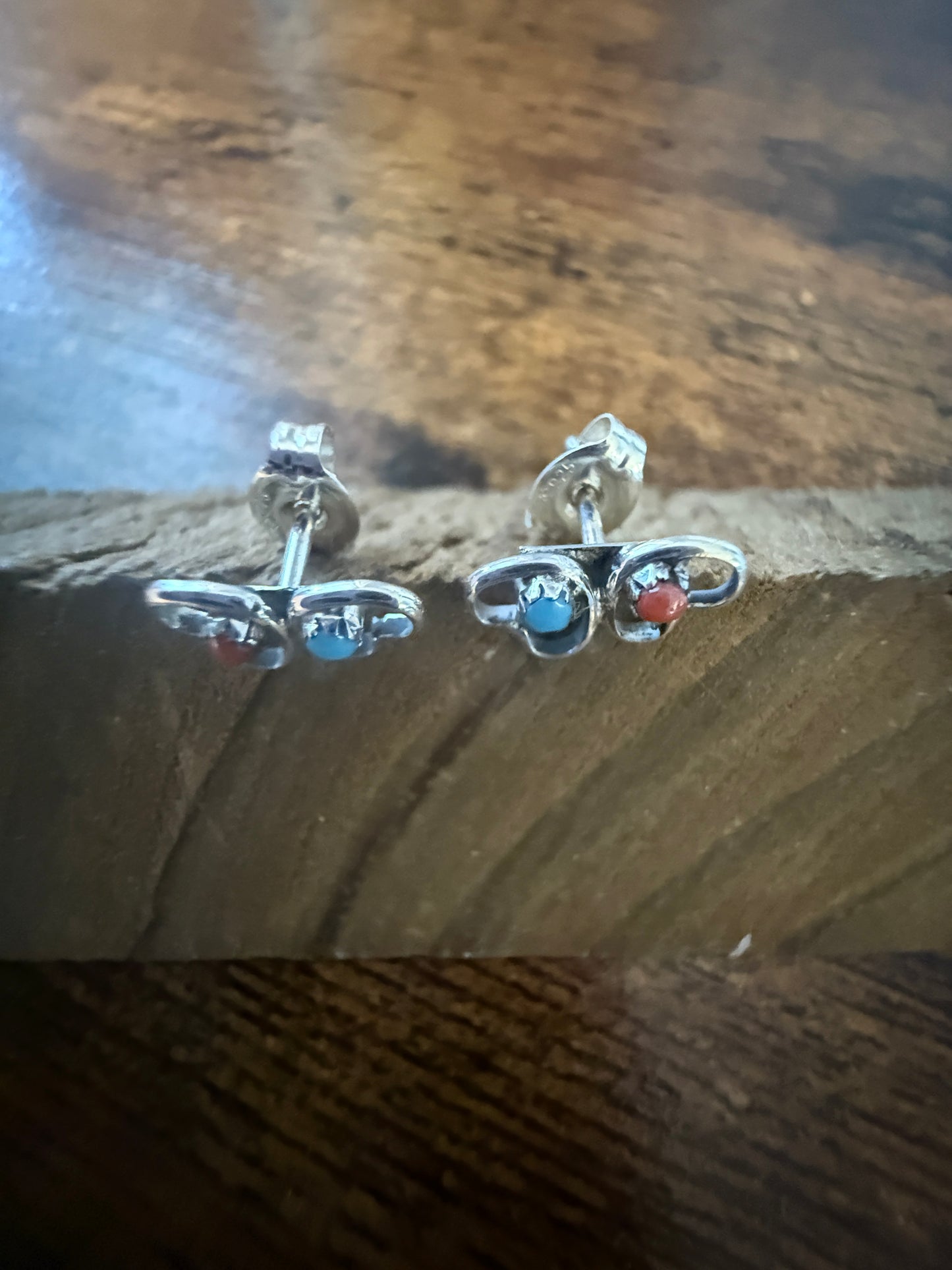 Native American Small Turquoise Coral Heart Post Stud Earrings, Sterling Silver, By Neha