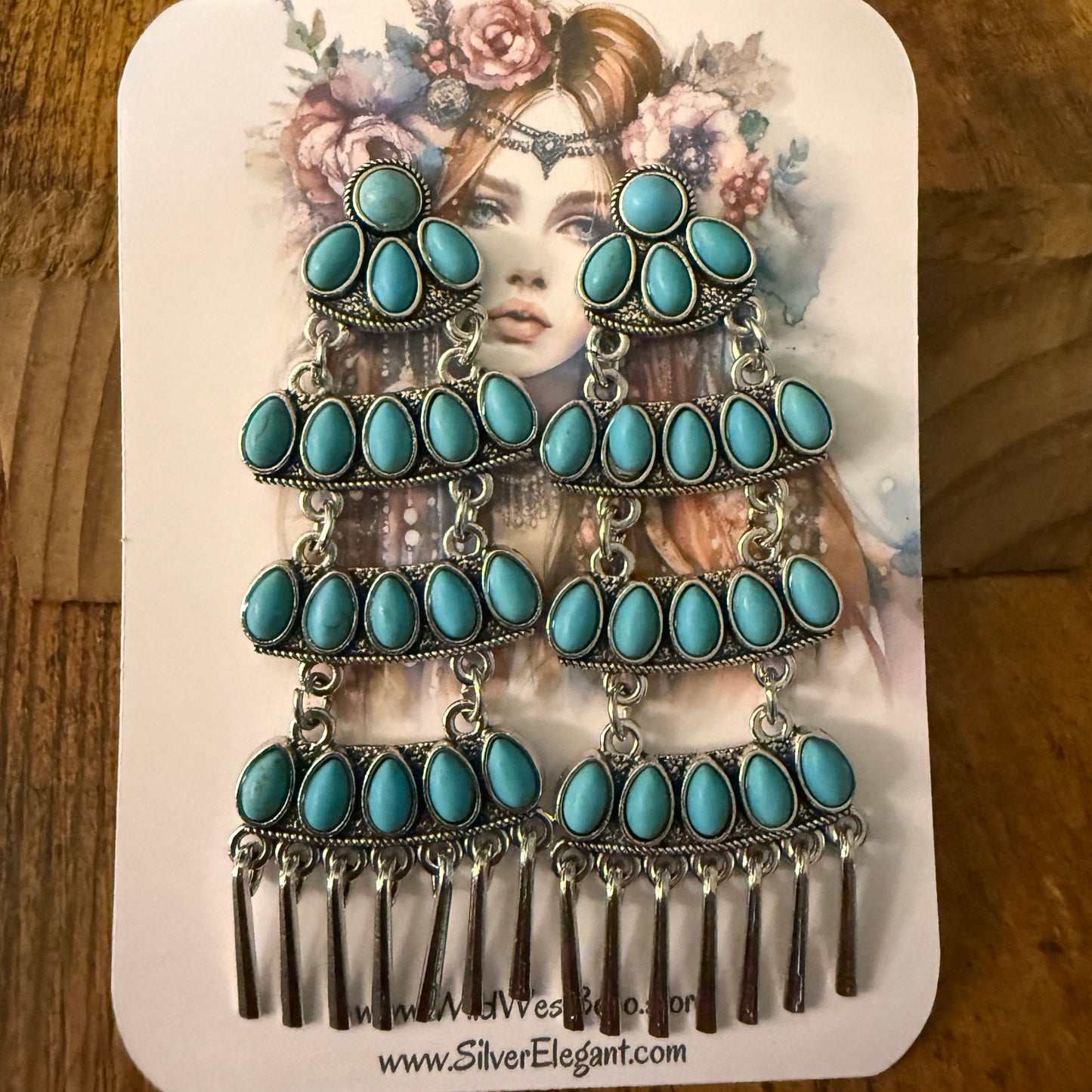 Navajo Style Turquoise Cluster Drop Stud Earrings Sterling Silver 3.5 Inches