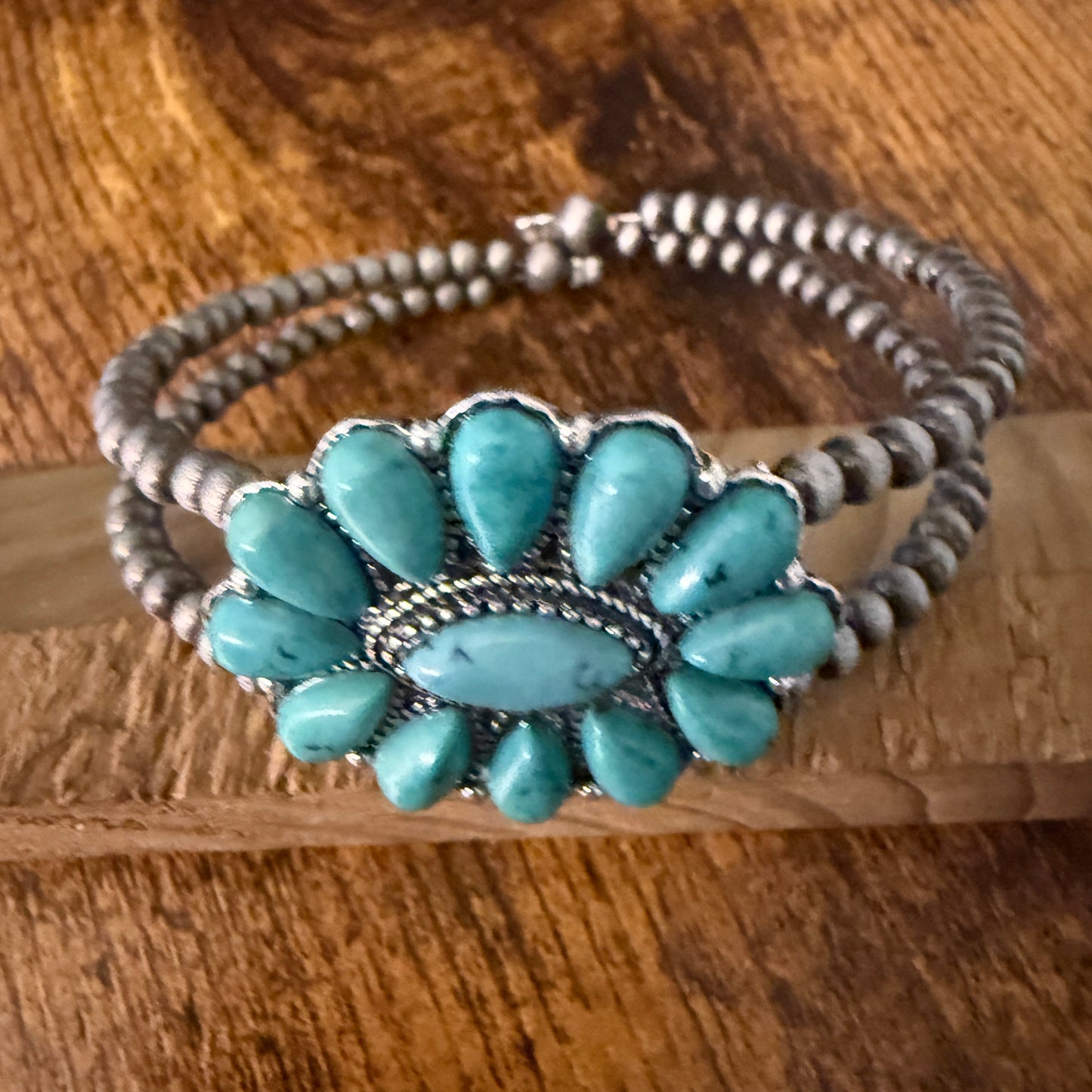 Handcrafted Cowgirl Faux Turquoise Stone Cluster Silver Pearl Bangle Bracelet