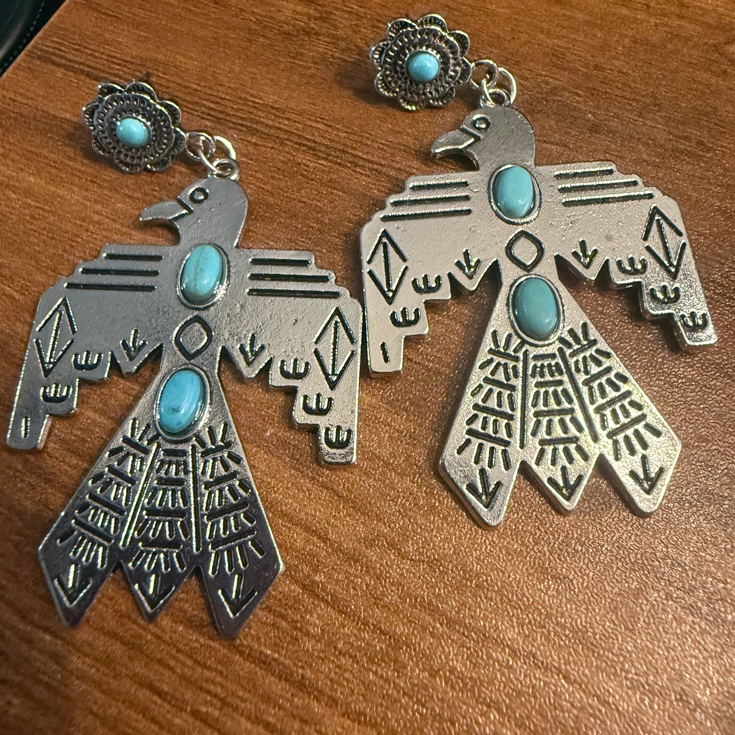 Navajo Style Thunderbird Turquoise Dangle Post Earrings, Mixed Metals