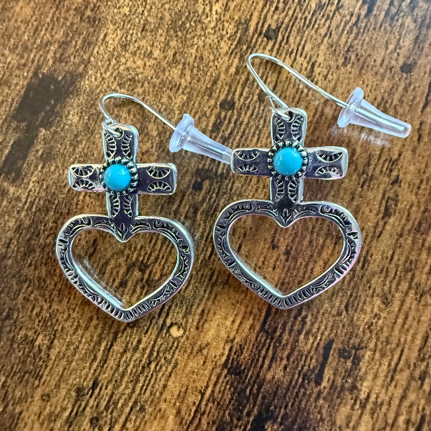 Western Cowgirl Turquoise Heart Cross Drop Wire Earrings Mixed Metals