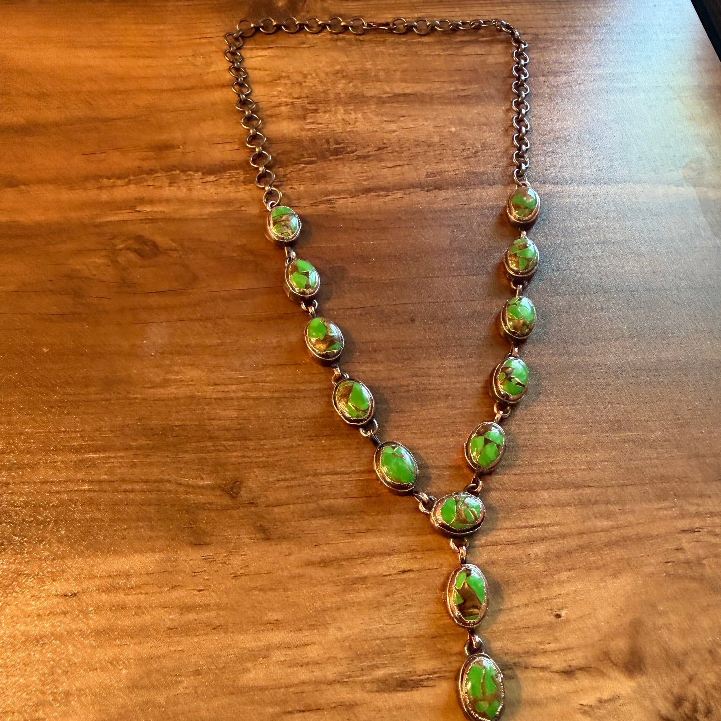 Handcrafted Green Turquoise Dahlia Necklace With Copper Chain 18 Inch