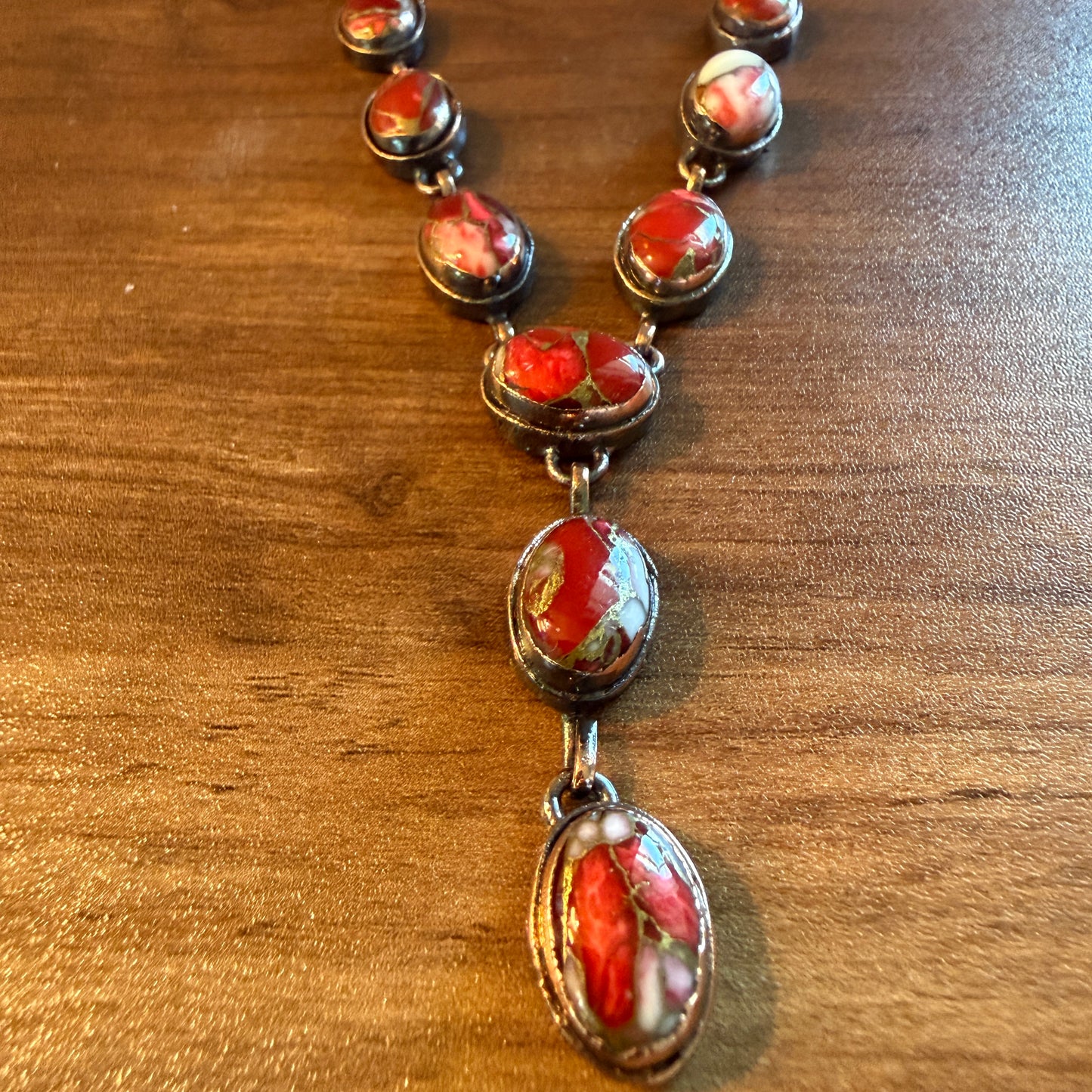 Handcrafted Red Rose Dahlia Gemstone Necklace With Copper Chain 18 Inch