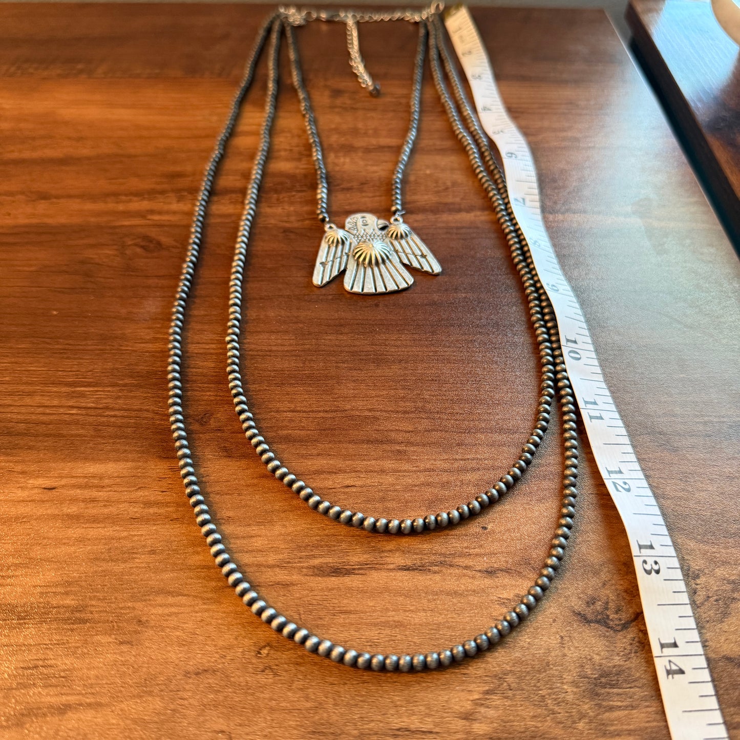 Handmade Thunderbird Necklace Three Strand 4mm Navajo Beads