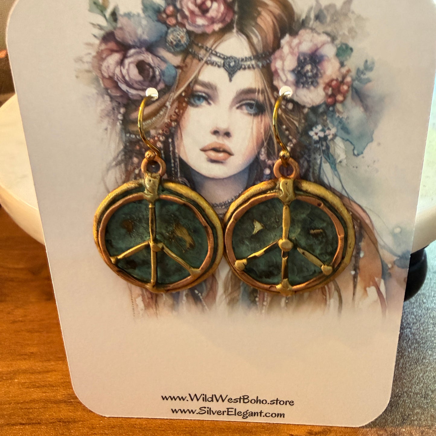 Handcrafted Verdigris Peace Sign Brass Patina Dangle Earrings