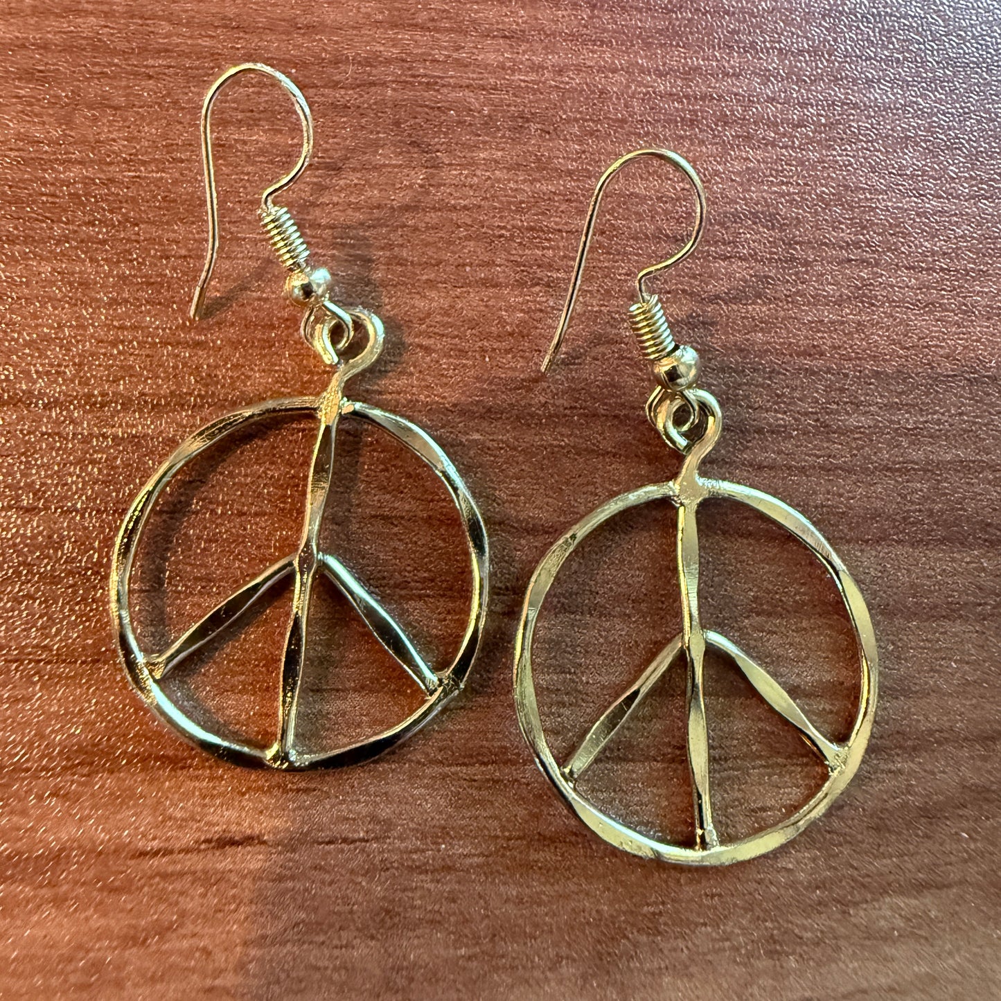 Handcrafted Hippie Gold Plated Peace Sign Wire Drop Earrings
