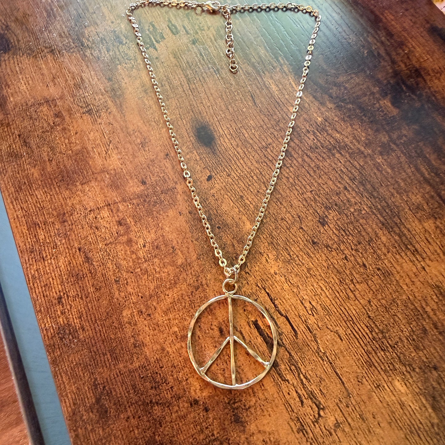 Handcrafted Hippie Peace Sign Necklace, Gold Plated , 18 Inch Chain Extender