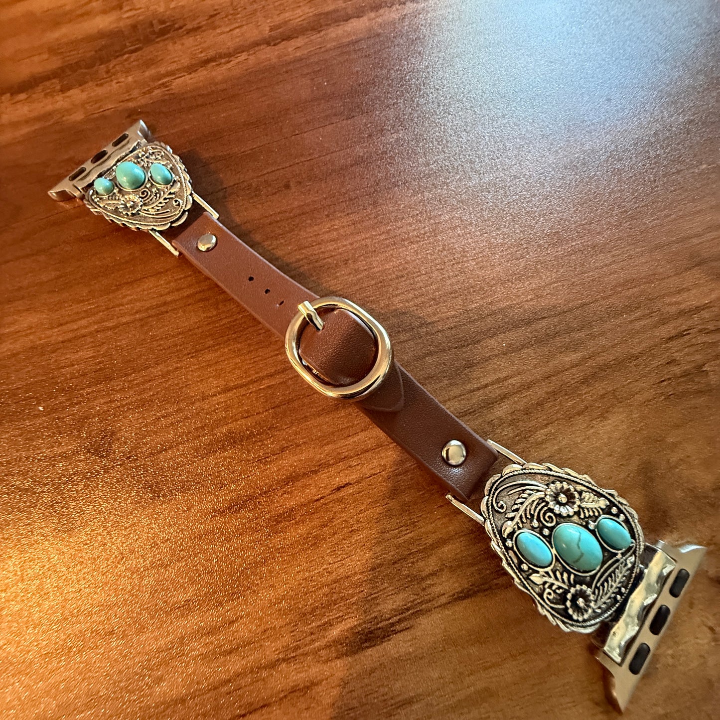 Handcrafted Cowgirl Apple Watch Band Turquoise Floral Brown Leather 38 to 40mm