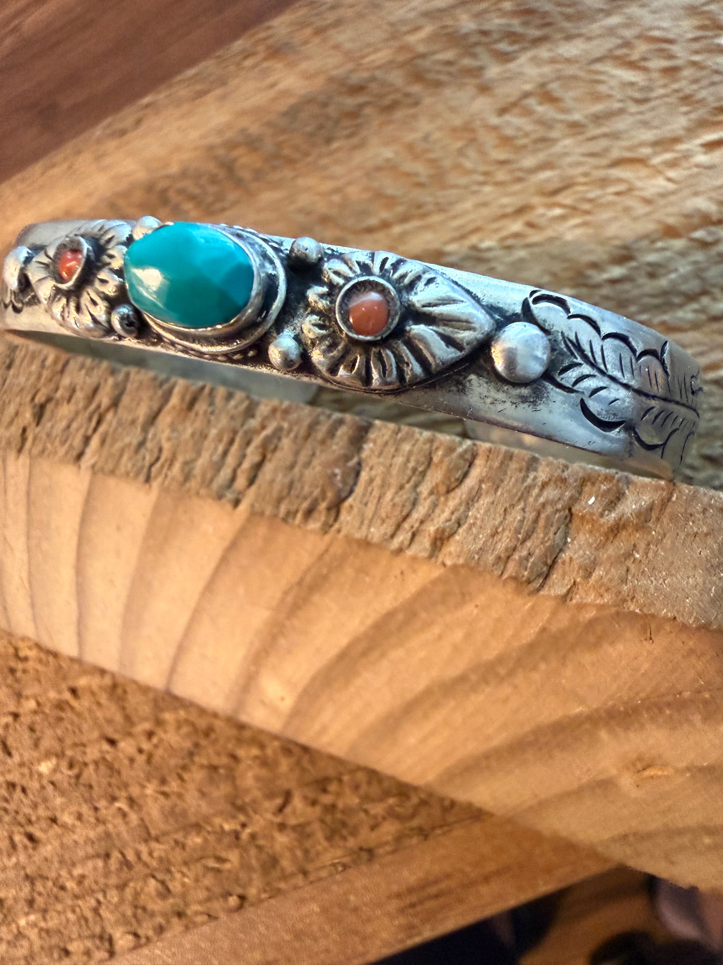 Navajo Style Blue Turquoise and Coral Bangle Bracelet, German Silver