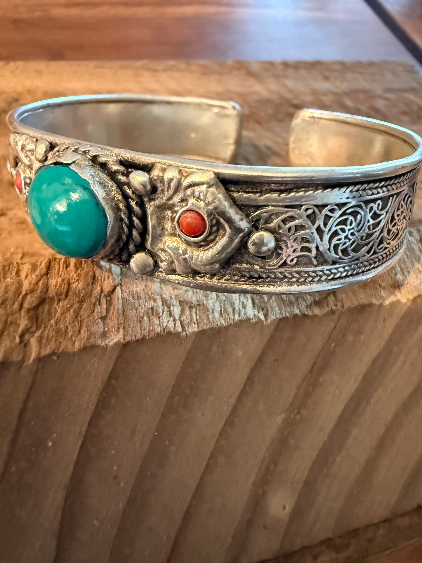 Navajo Style Blue Turquoise And Red Coral German Silver Cuff Bangle Bracelet