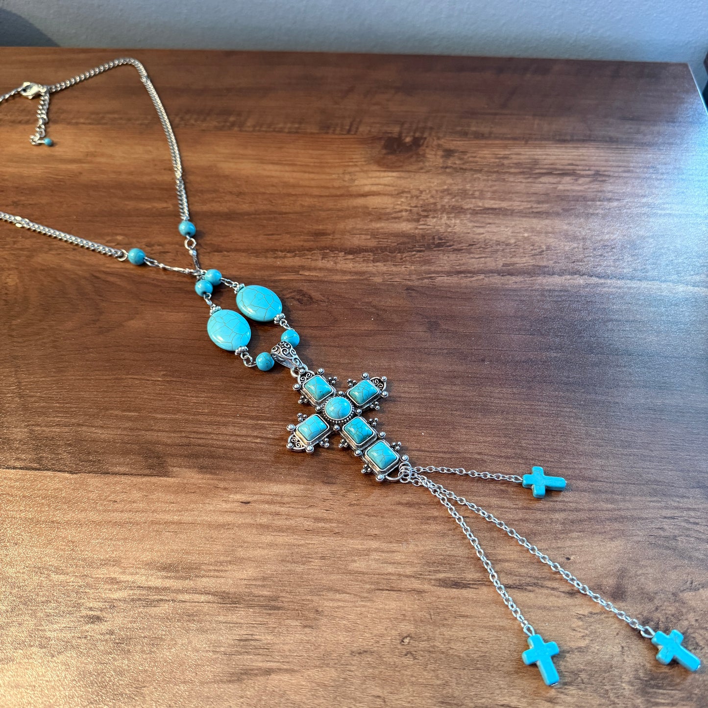 Turquoise Religion Cross Necklace With Tassel Extender 26 To 31 In