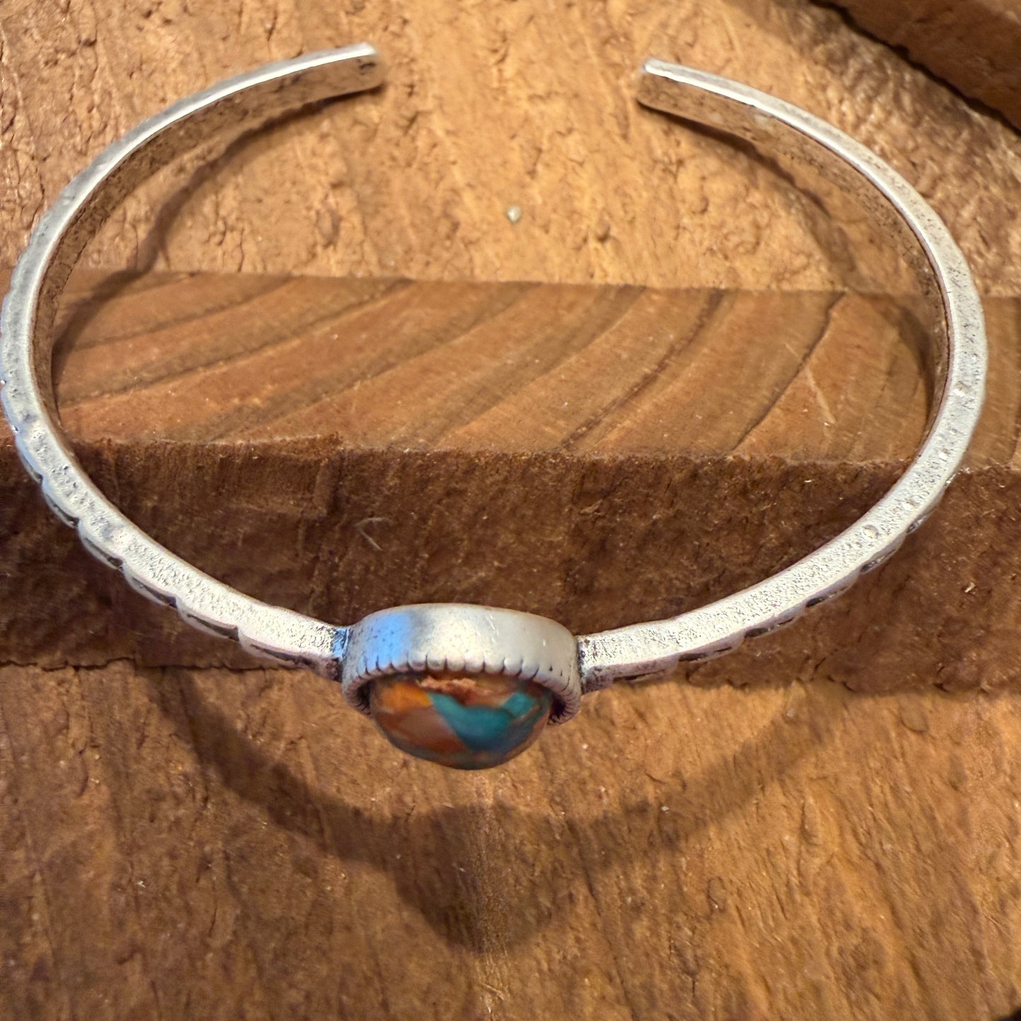 Navajo Style Southwestern Turquoise Stone Mixed Metals Bangle Bracelet