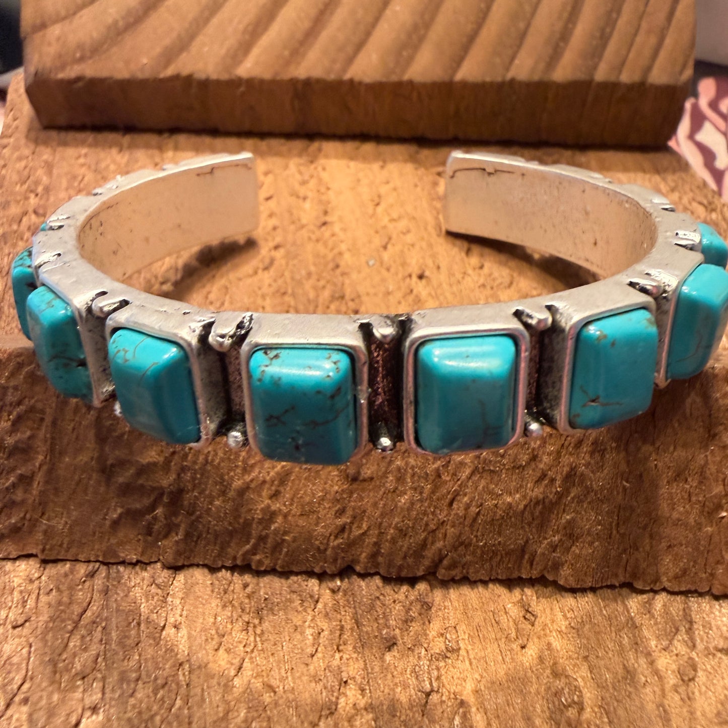 Southwestern Navajo Style Square Turquoise Stone Mixed Metals Bangle Bracelet